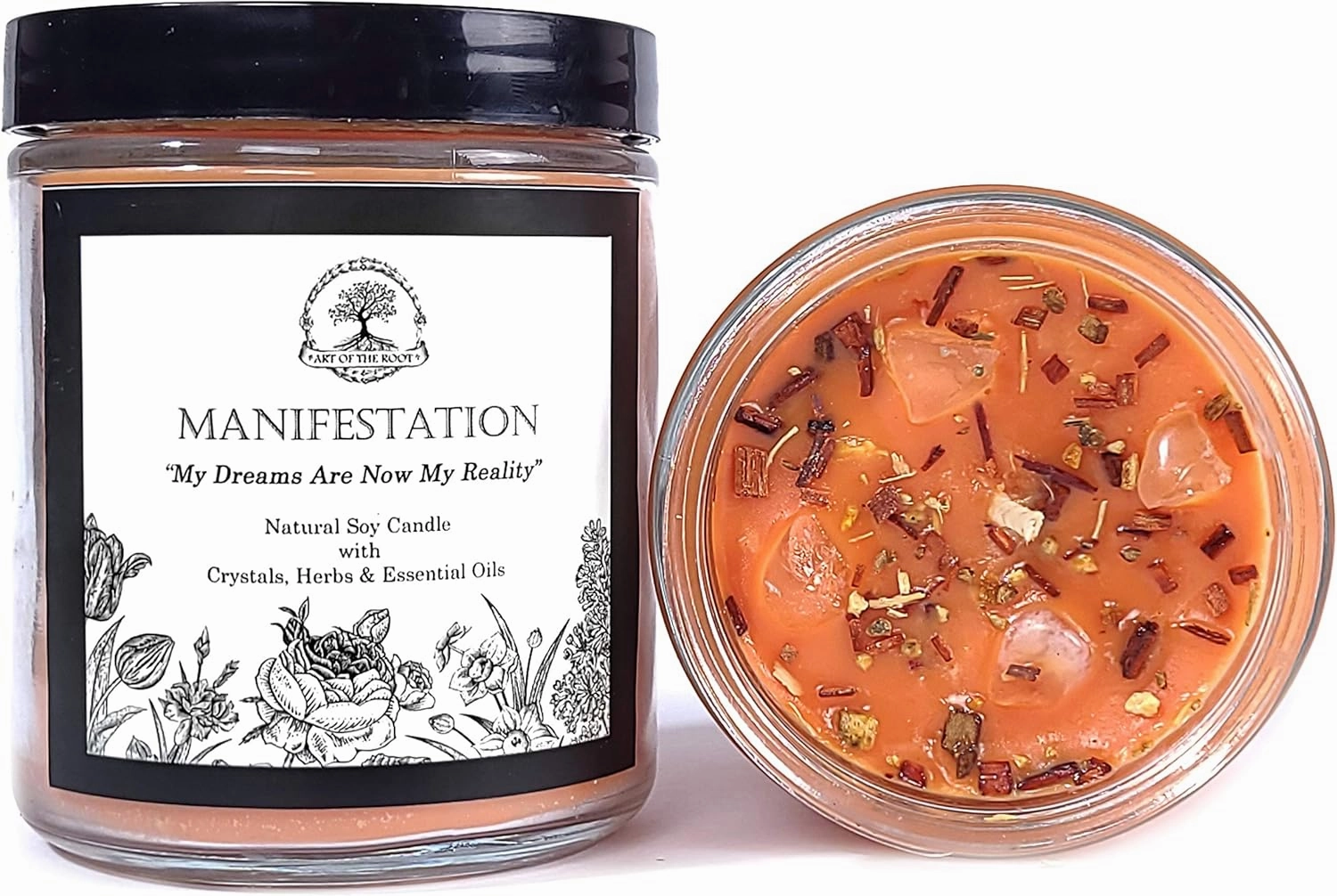 Manifestation Affirmation Candle | 9 oz Natural Soy Wax & Citrine Crystals, Herbs & Essential Oils | Dreams, Wishes, Law of Attraction Rituals | Wiccan, Pagan, Magick, Spirituality