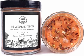 Manifestation Affirmation Candle | 9 oz Natural Soy Wax & Citrine Crystals, Herbs & Essential Oils | Dreams, Wishes, Law of Attraction Rituals | Wiccan, Pagan, Magick, Spirituality