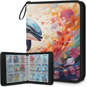 Marine Animal Dolphins 3 Ring Trading Zipper Binder Strap, Trading Card Binder 4 Pocket, 400 Pockets Card Holder with 50 Removable Sleeves for Game Cards