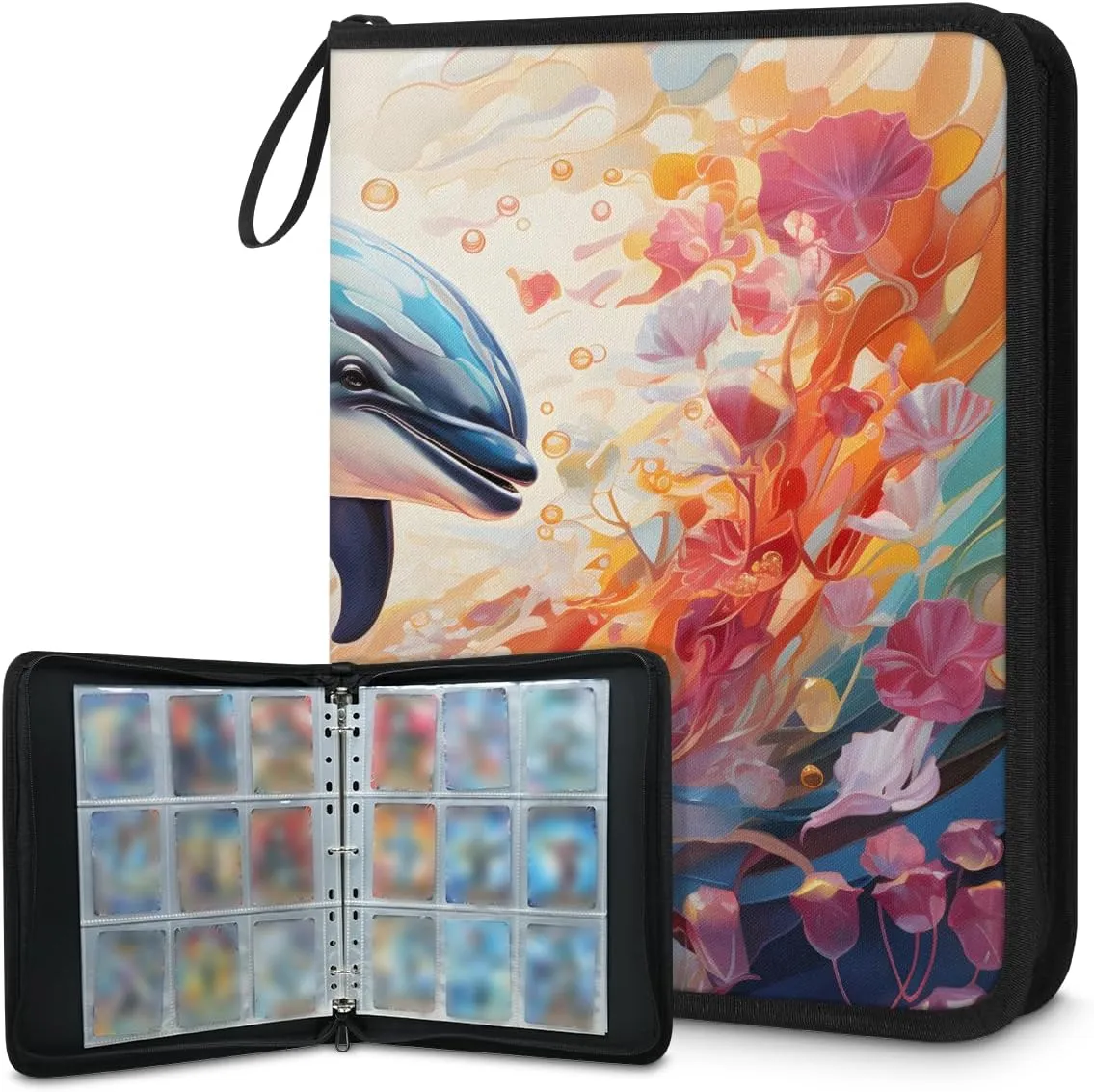 Marine Animal Dolphins 3 Ring Trading Zipper Binder Strap, Trading Card Binder 4 Pocket, 400 Pockets Card Holder with 50 Removable Sleeves for Game Cards