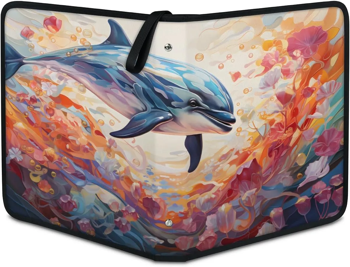 Marine Animal Dolphins 3 Ring Trading Zipper Binder Strap, Trading Card Binder 4 Pocket, 400 Pockets Card Holder with 50 Removable Sleeves for Game Cards