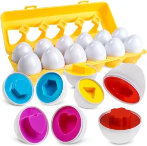 Matching Eggs Color and Shape Recoginition Sorter Puzzle Easter Eggs Sensory Toys Early Learning Educational Fine Motor Skill Montessori Geometric Eggs for Toddlers Boys Girls (12 Shape Eggs)