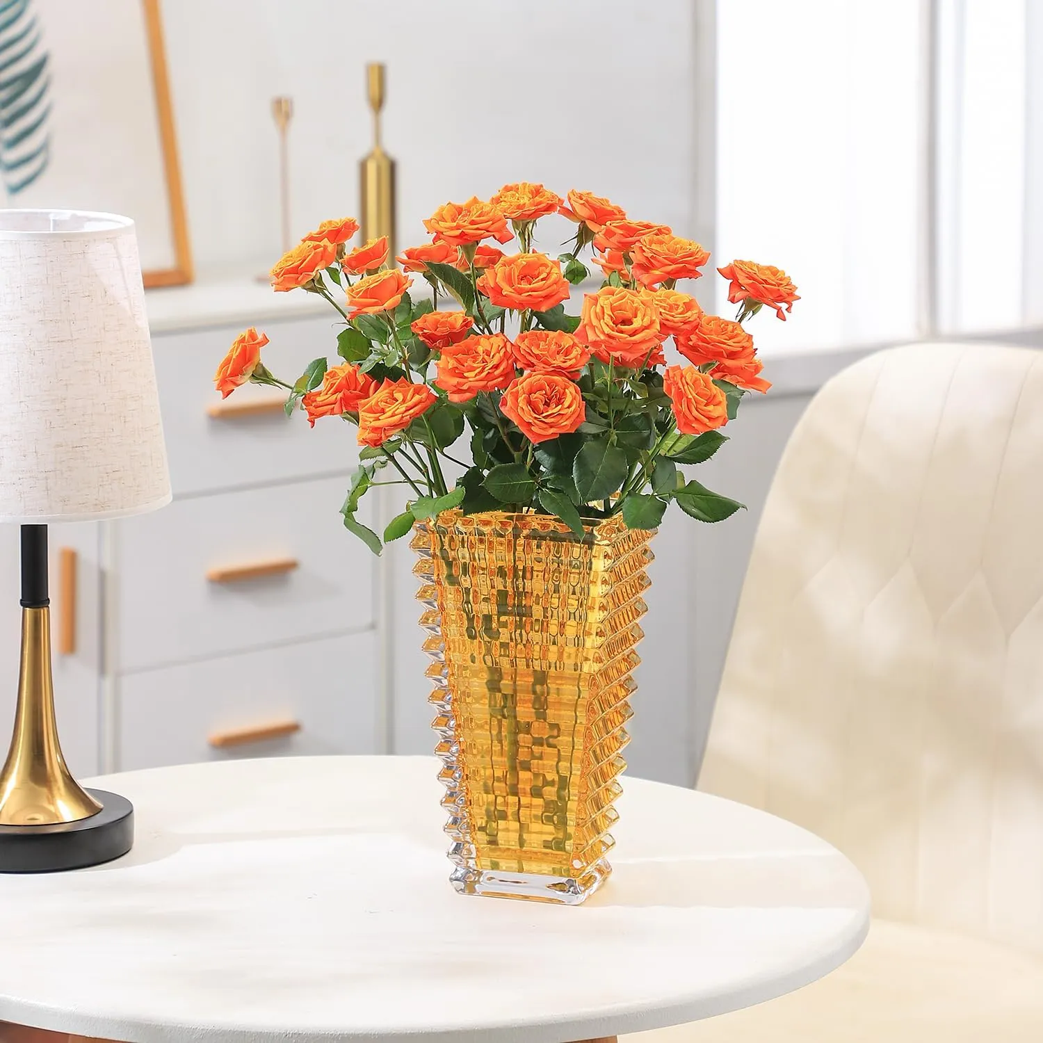 MCMCNCUIU Crystal Vase, Amber Glass Vase, Glass Vase, Vases for Centerpieces, Flower Vase, Large Glass Vase, Modern Vase for Living Room, Kitchen, Dining Table, Birthday, Mantle, 9 Inches