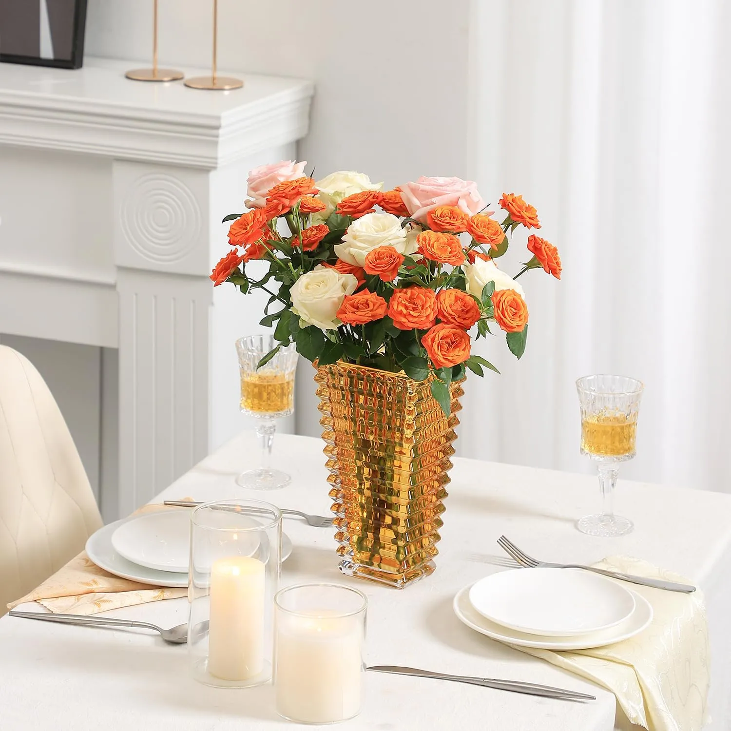 MCMCNCUIU Crystal Vase, Amber Glass Vase, Glass Vase, Vases for Centerpieces, Flower Vase, Large Glass Vase, Modern Vase for Living Room, Kitchen, Dining Table, Birthday, Mantle, 9 Inches