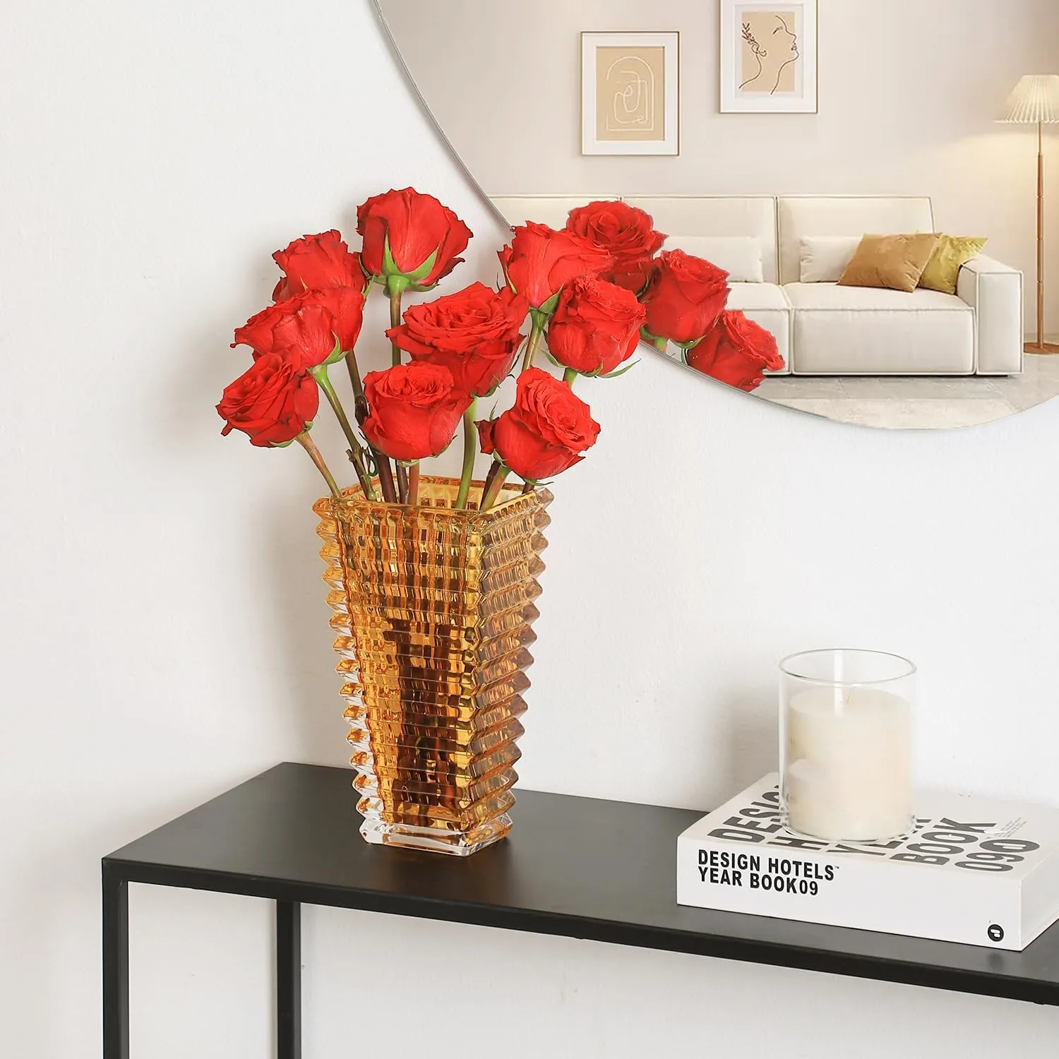 MCMCNCUIU Crystal Vase, Amber Glass Vase, Glass Vase, Vases for Centerpieces, Flower Vase, Large Glass Vase, Modern Vase for Living Room, Kitchen, Dining Table, Birthday, Mantle, 9 Inches