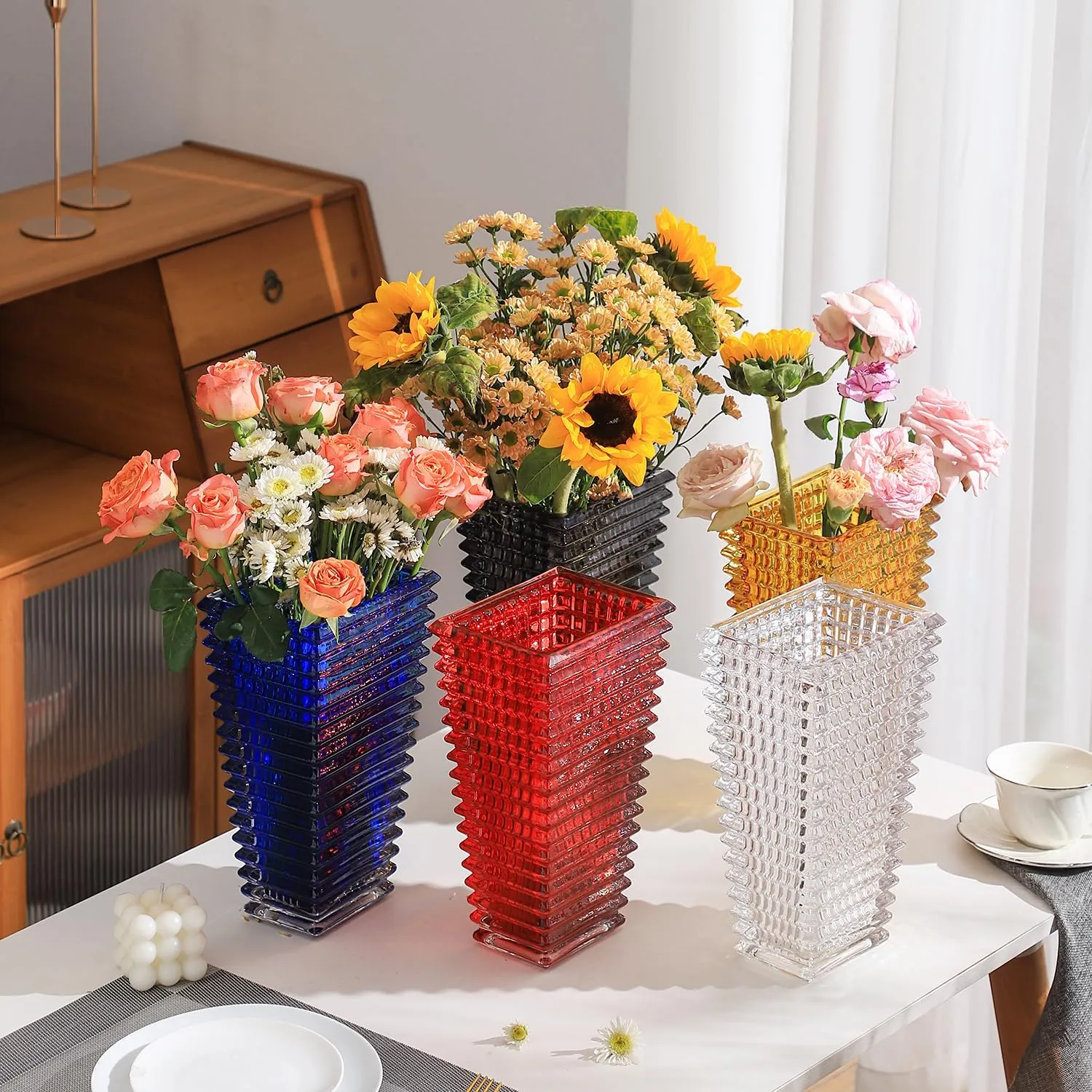 MCMCNCUIU Large Crystal Vase for Flowers, Red Glass Vase, Large Flower Vases, Modern Vases for Living Room, Bedroom, Kitchen, Dining Table, Mantle, Wedding, 11 Inches