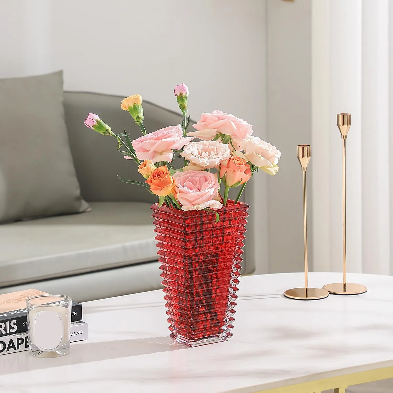 MCMCNCUIU Large Crystal Vase for Flowers, Red Glass Vase, Large Flower Vases, Modern Vases for Living Room, Bedroom, Kitchen, Dining Table, Mantle, Wedding, 11 Inches
