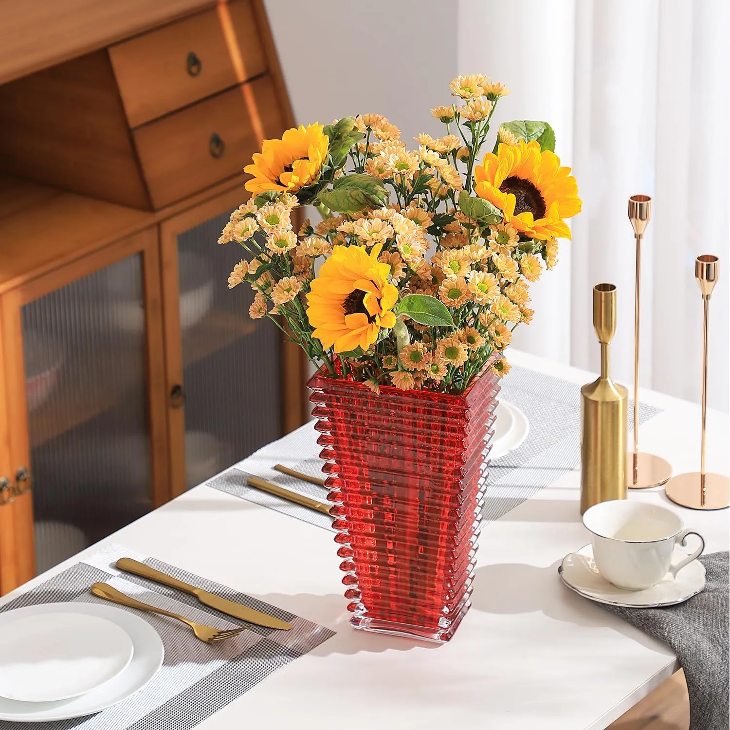 MCMCNCUIU Large Crystal Vase for Flowers, Red Glass Vase, Large Flower Vases, Modern Vases for Living Room, Bedroom, Kitchen, Dining Table, Mantle, Wedding, 11 Inches