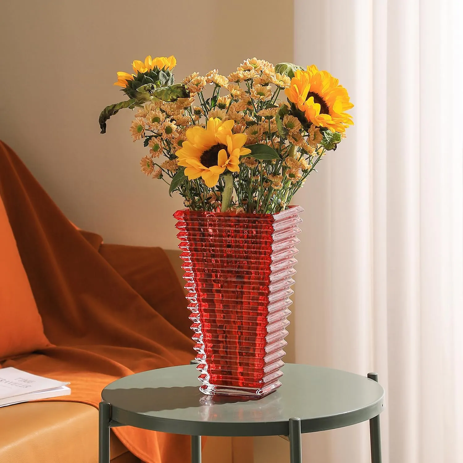 MCMCNCUIU Large Crystal Vase for Flowers, Red Glass Vase, Large Flower Vases, Modern Vases for Living Room, Bedroom, Kitchen, Dining Table, Mantle, Wedding, 11 Inches