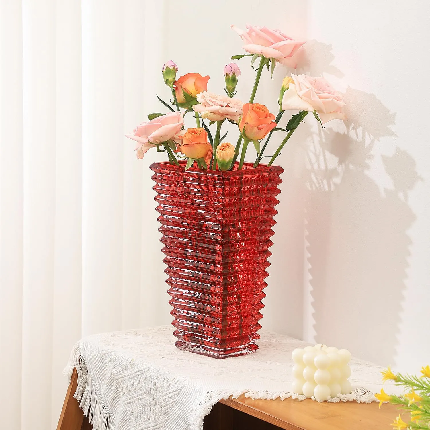 MCMCNCUIU Large Crystal Vase for Flowers, Red Glass Vase, Large Flower Vases, Modern Vases for Living Room, Bedroom, Kitchen, Dining Table, Mantle, Wedding, 11 Inches