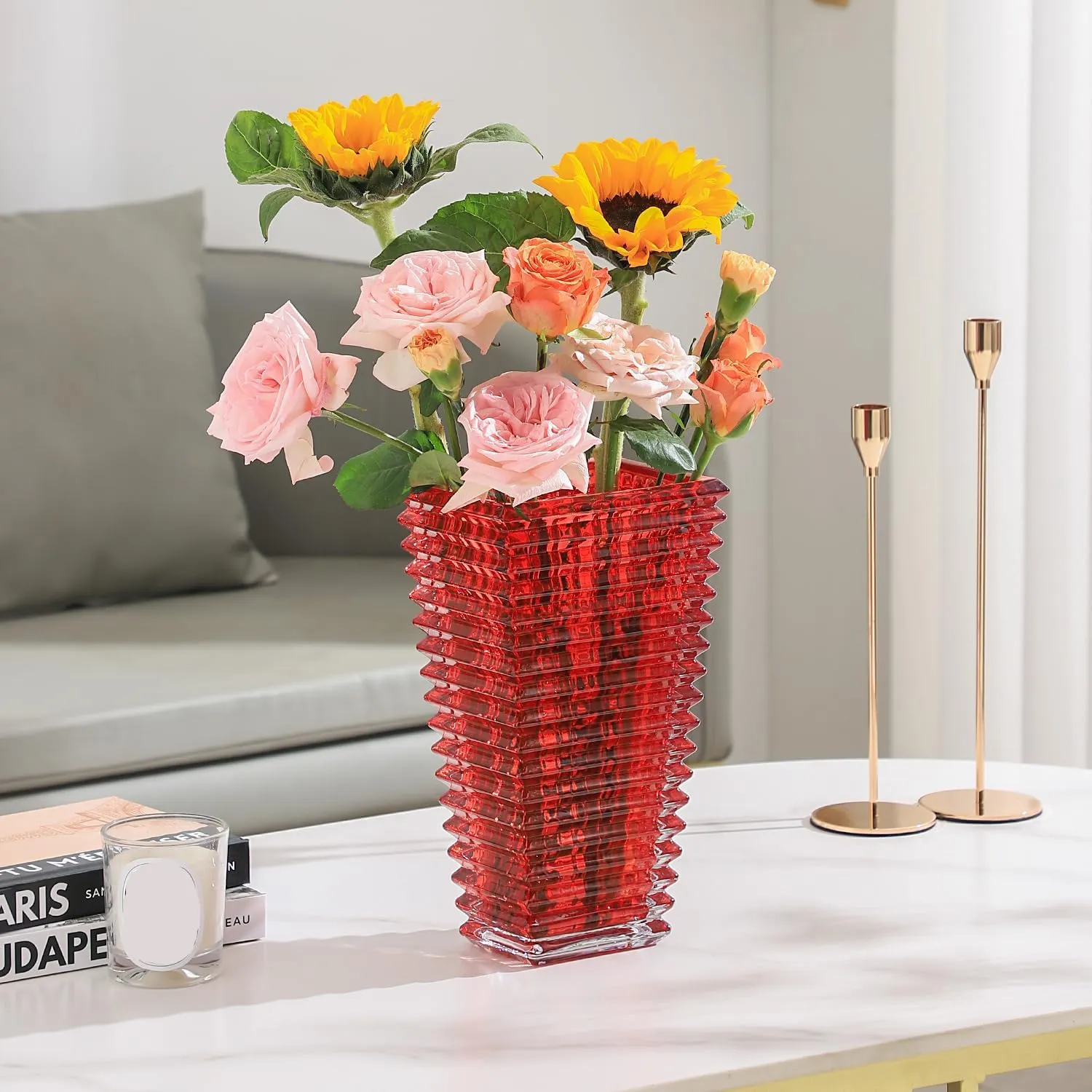 MCMCNCUIU Large Crystal Vase for Flowers, Red Glass Vase, Large Flower Vases, Modern Vases for Living Room, Bedroom, Kitchen, Dining Table, Mantle, Wedding, 11 Inches
