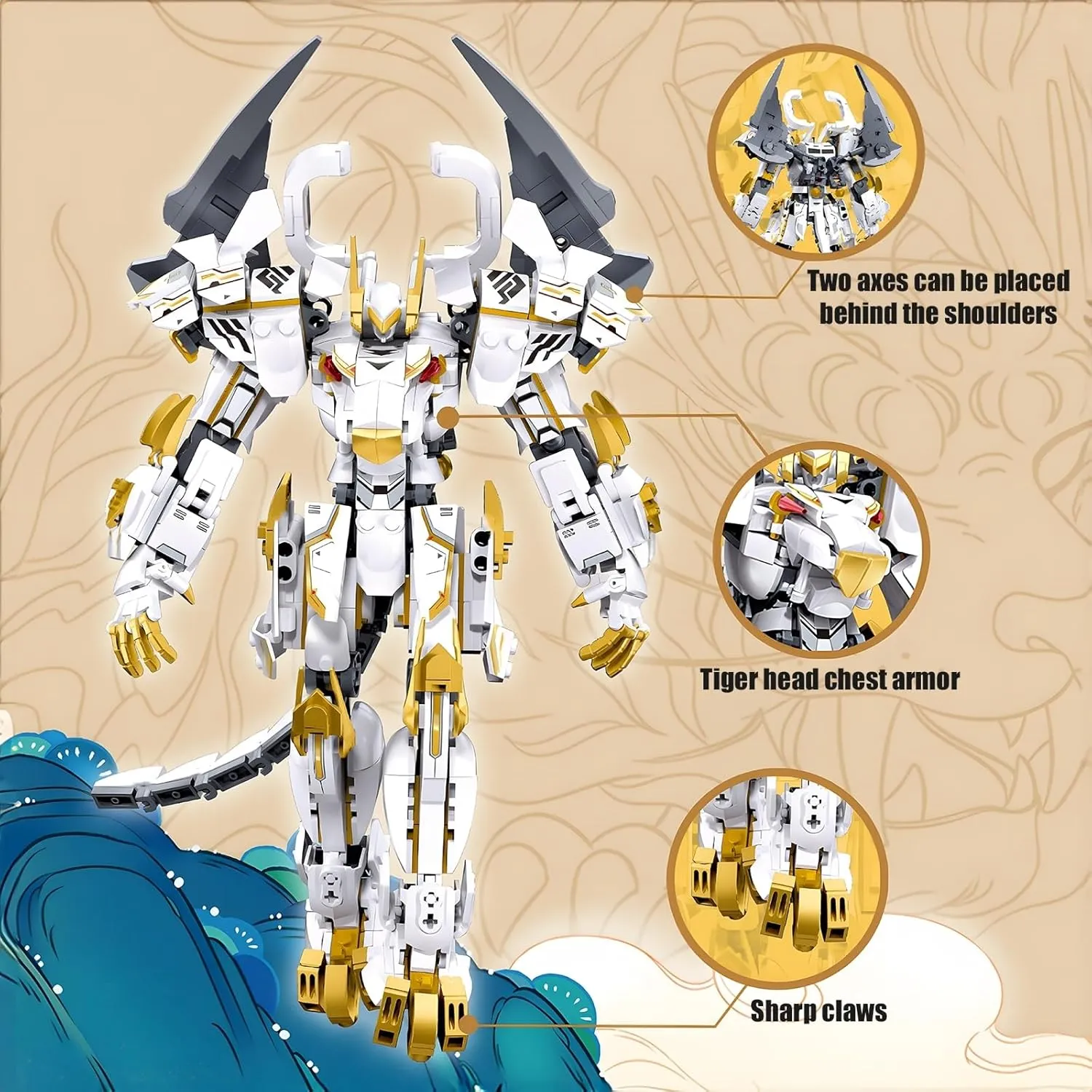 Mech Robot Building Blocks Set for Adults, Flexible Cool White Tiger Warrior Model Kit with Two-Handed Axes Weapon Toy Playset, 679 pcs Creative Mythical Ninja Gifts for Man Boys Ages 12-14