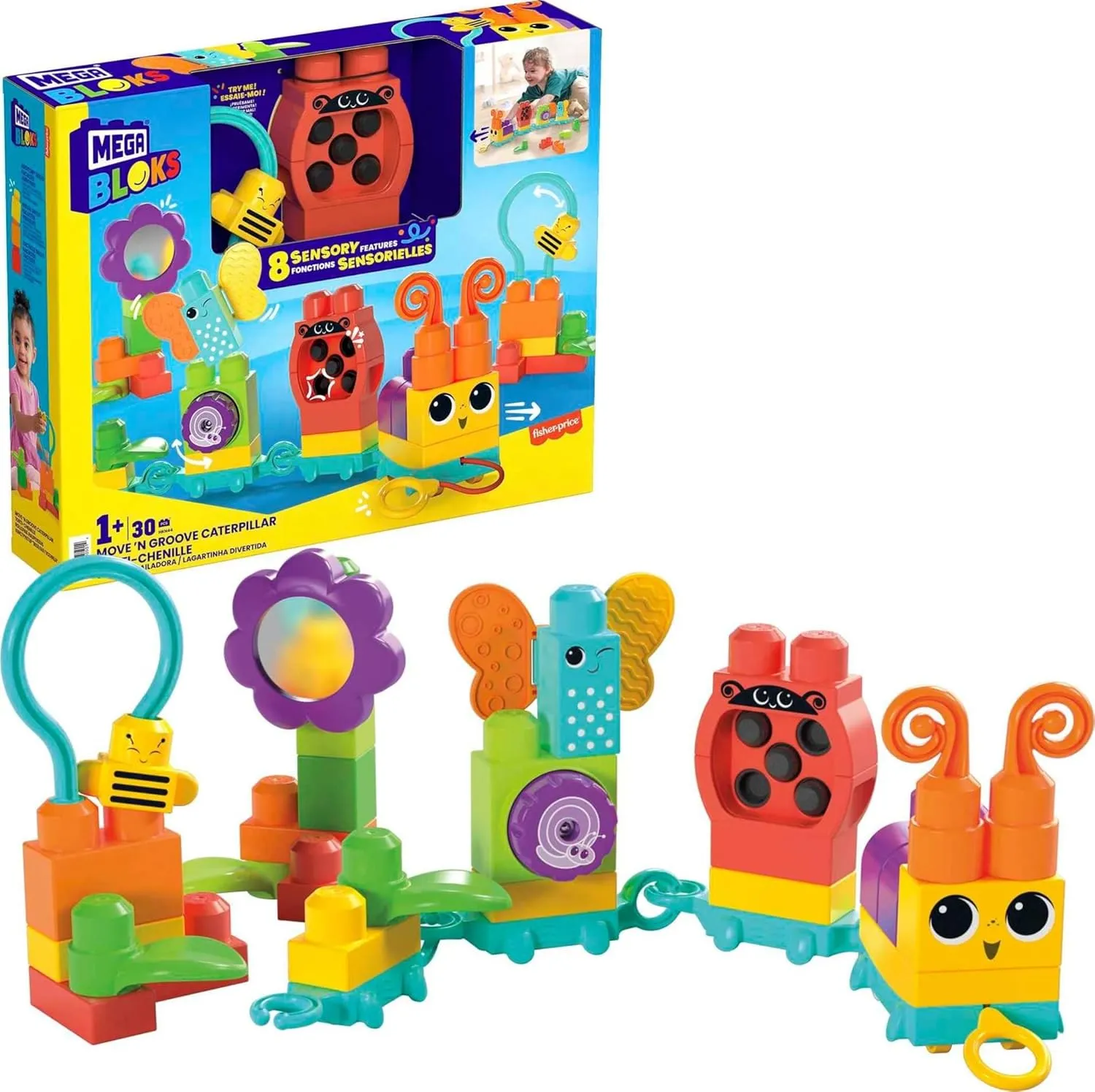 MEGA BLOKS Fisher-Price Toddler Building Blocks Toy Set, Move ‘n Groove Caterpillar Train with 24 Pieces, Ages 1  Years