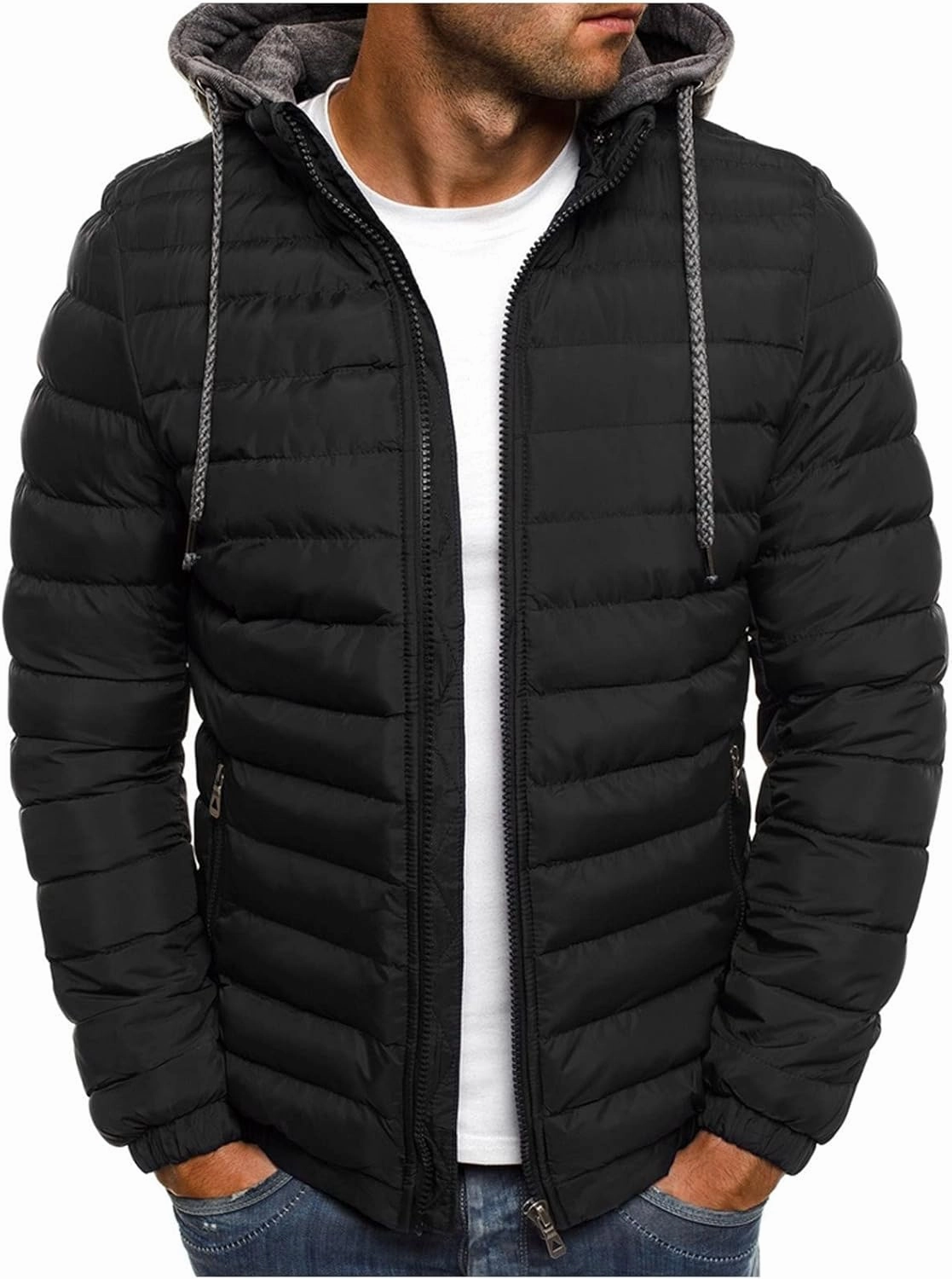 Men's Hooded Winter Coat Lightweight Packable Puffer Jacket Warm Full Zip Down Coat Snow Ski Jacket for Cold Weather