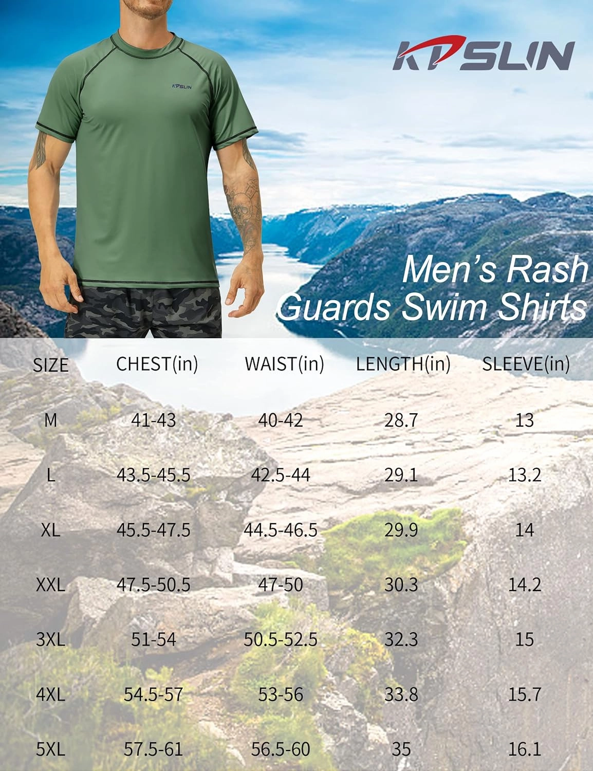 Mens Swim Shirts UPF 50  Sun Protection Quick Dry SPF Rash Guard Outdoor Beach Fishing T Shirts