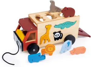 Mentari Shape Sorting Safari Toy Truck with Animals, Wood, Interactive, Imaginative Play