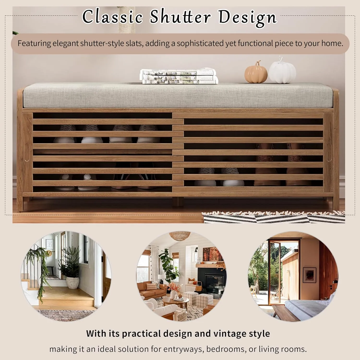 Merax Multipurpose Entryway Storage Bench with Shutter Doors, 43.3" Wooden Shoe Organizer with Upholstered Seat for Entryway, Hallway and Living Room