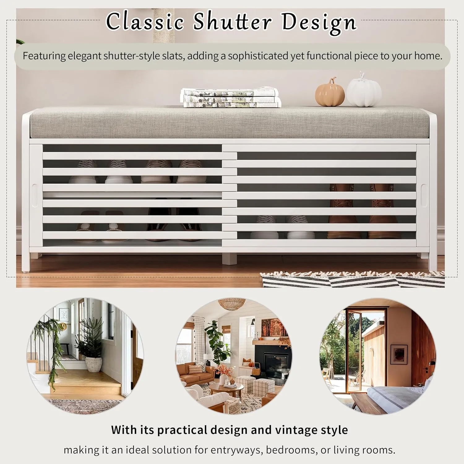 Merax Multipurpose Entryway Storage Bench with Shutter Doors, 43.3" Wooden Shoe Organizer with Upholstered Seat for Entryway, Hallway and Living Room