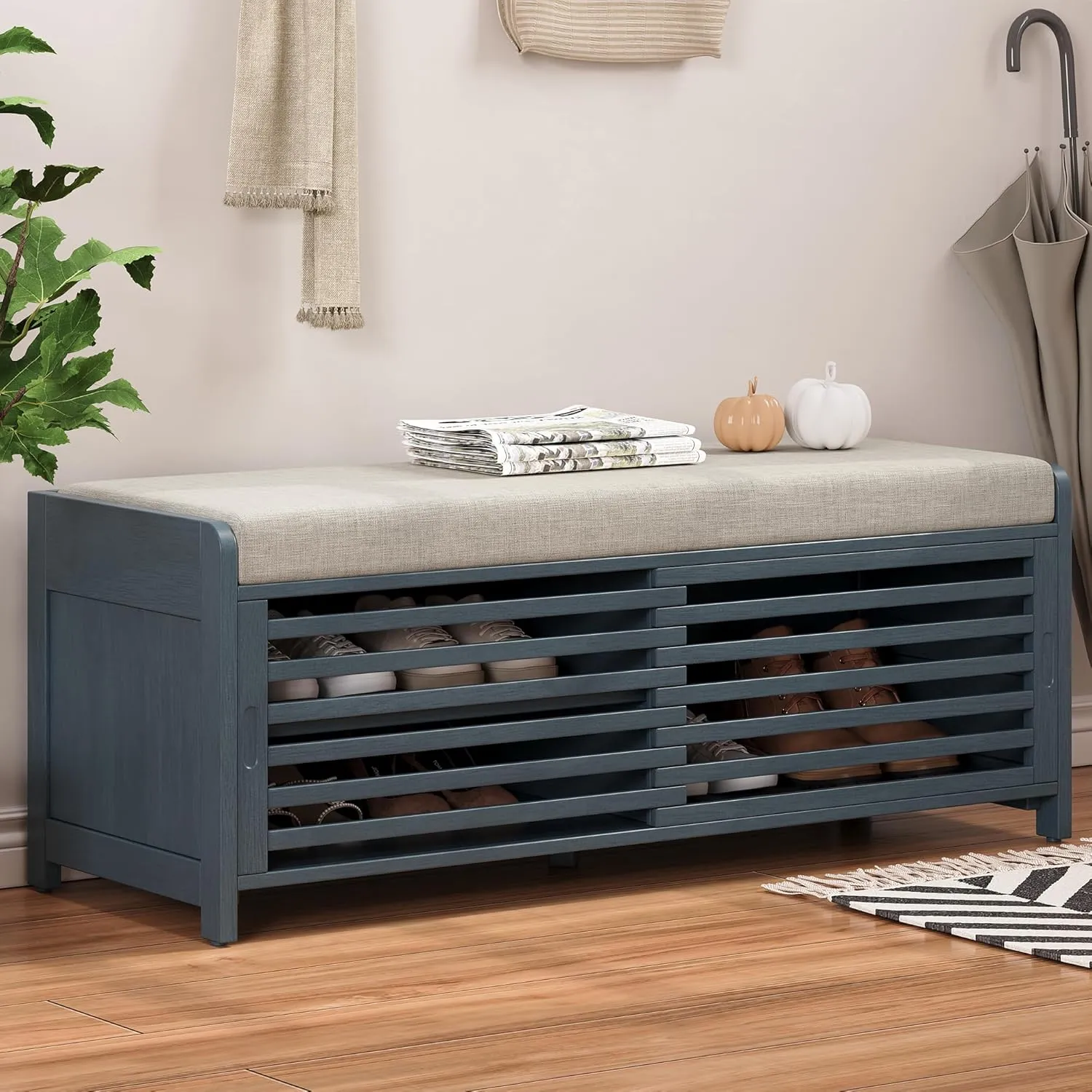 Merax Multipurpose Entryway Storage Bench with Shutter Doors, 43.3" Wooden Shoe Organizer with Upholstered Seat for Entryway, Hallway and Living Room