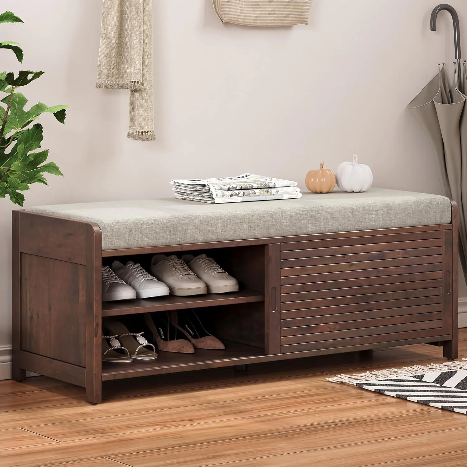 Merax Multipurpose Entryway Storage Bench with Shutter Doors, 43.3" Wooden Shoe Organizer with Upholstered Seat for Entryway, Hallway and Living Room