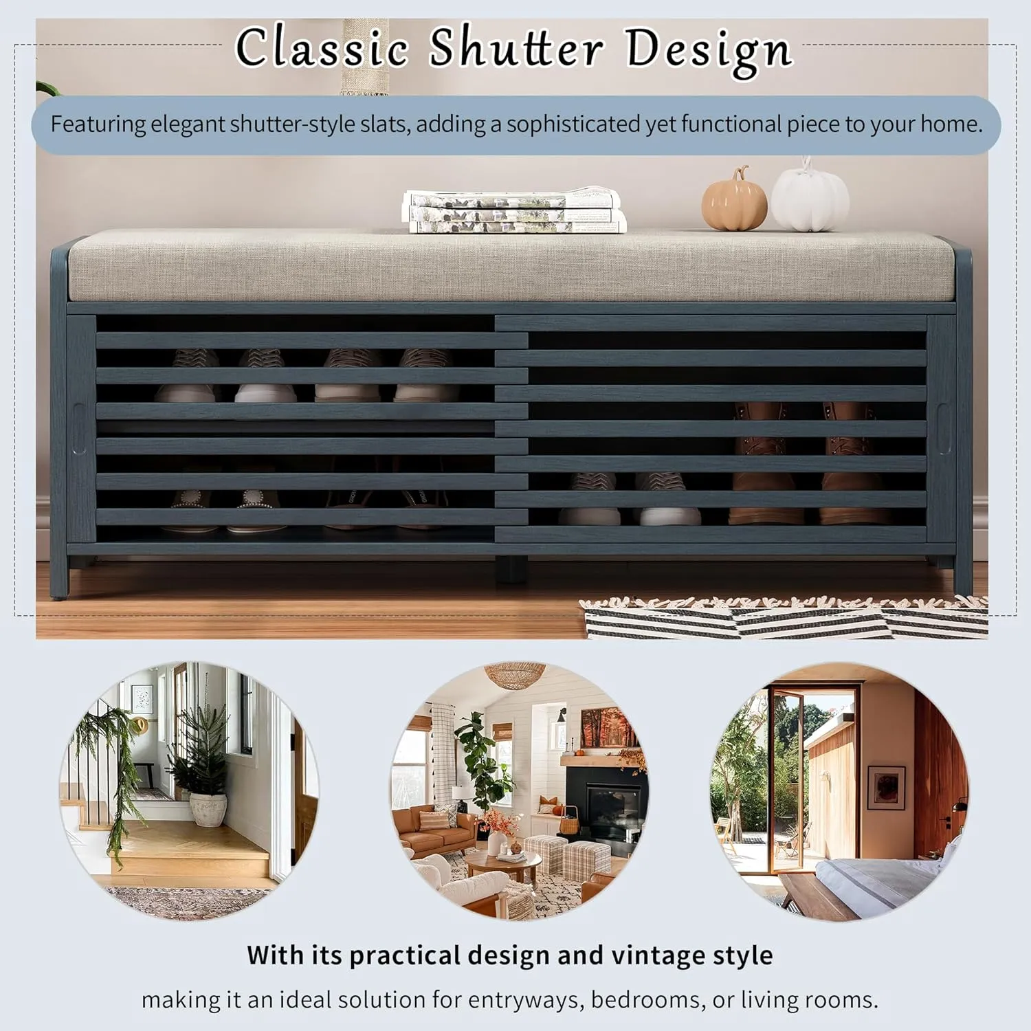 Merax Multipurpose Entryway Storage Bench with Shutter Doors, 43.3" Wooden Shoe Organizer with Upholstered Seat for Entryway, Hallway and Living Room