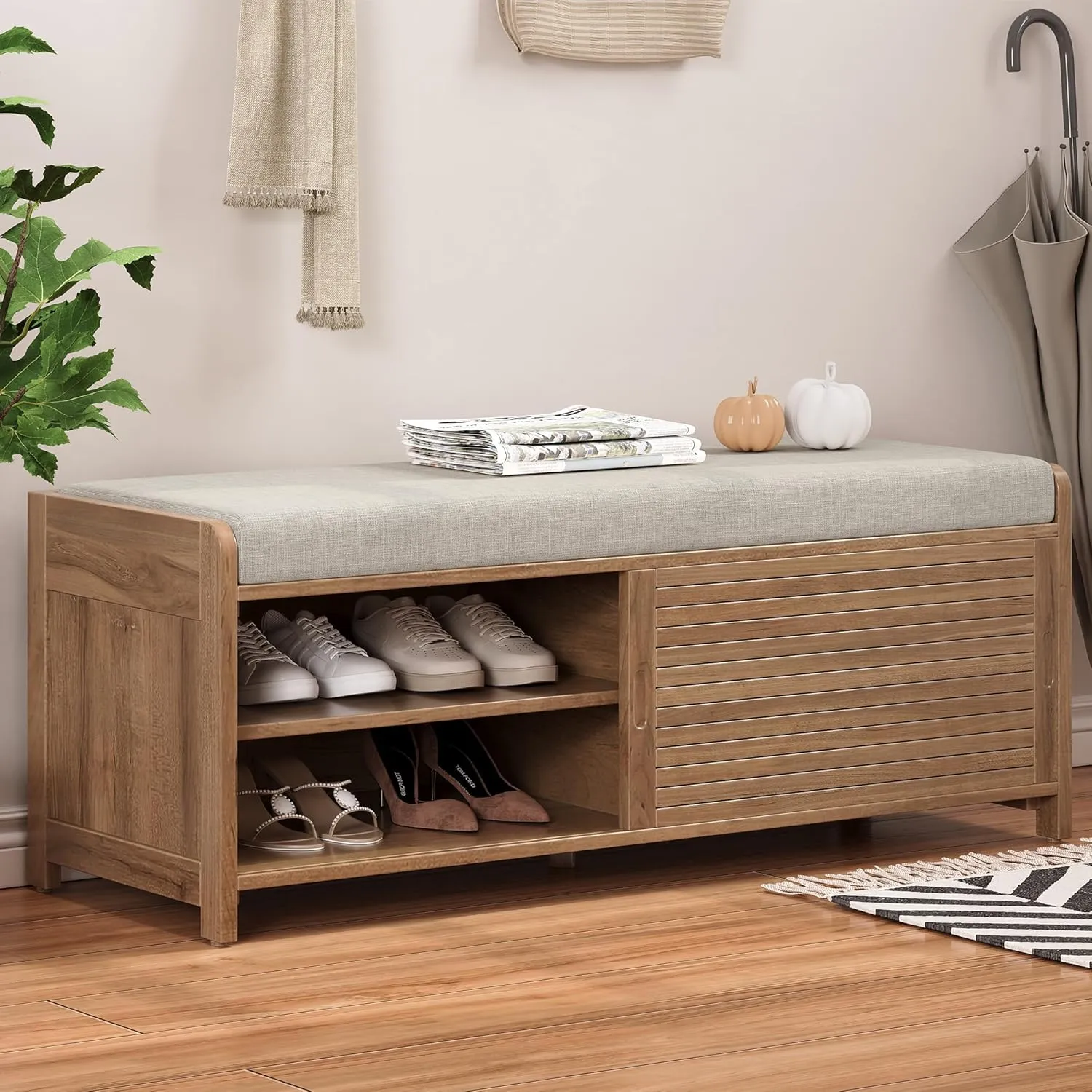Merax Multipurpose Entryway Storage Bench with Shutter Doors, 43.3" Wooden Shoe Organizer with Upholstered Seat for Entryway, Hallway and Living Room