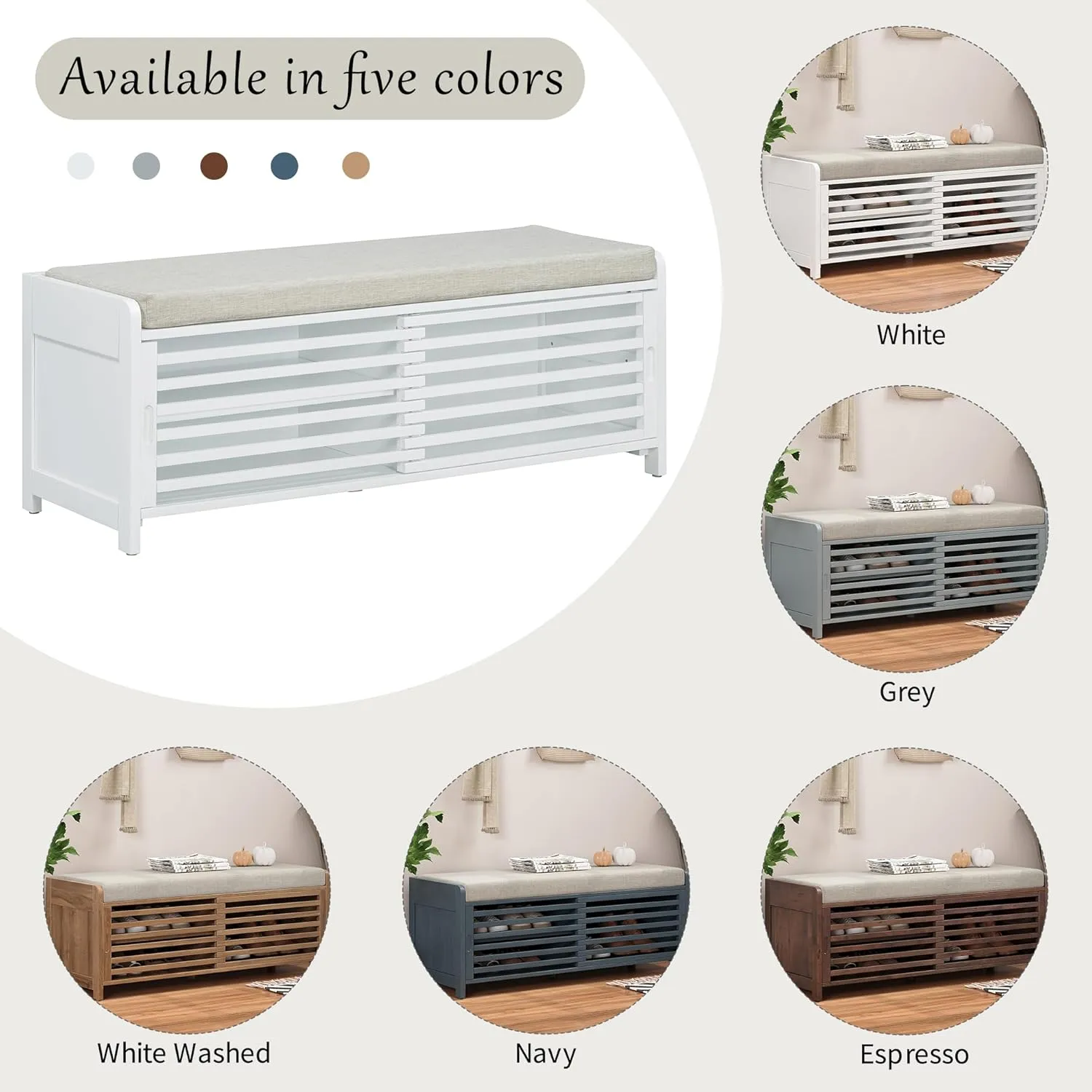 Merax Multipurpose Entryway Storage Bench with Shutter Doors, 43.3" Wooden Shoe Organizer with Upholstered Seat for Entryway, Hallway and Living Room