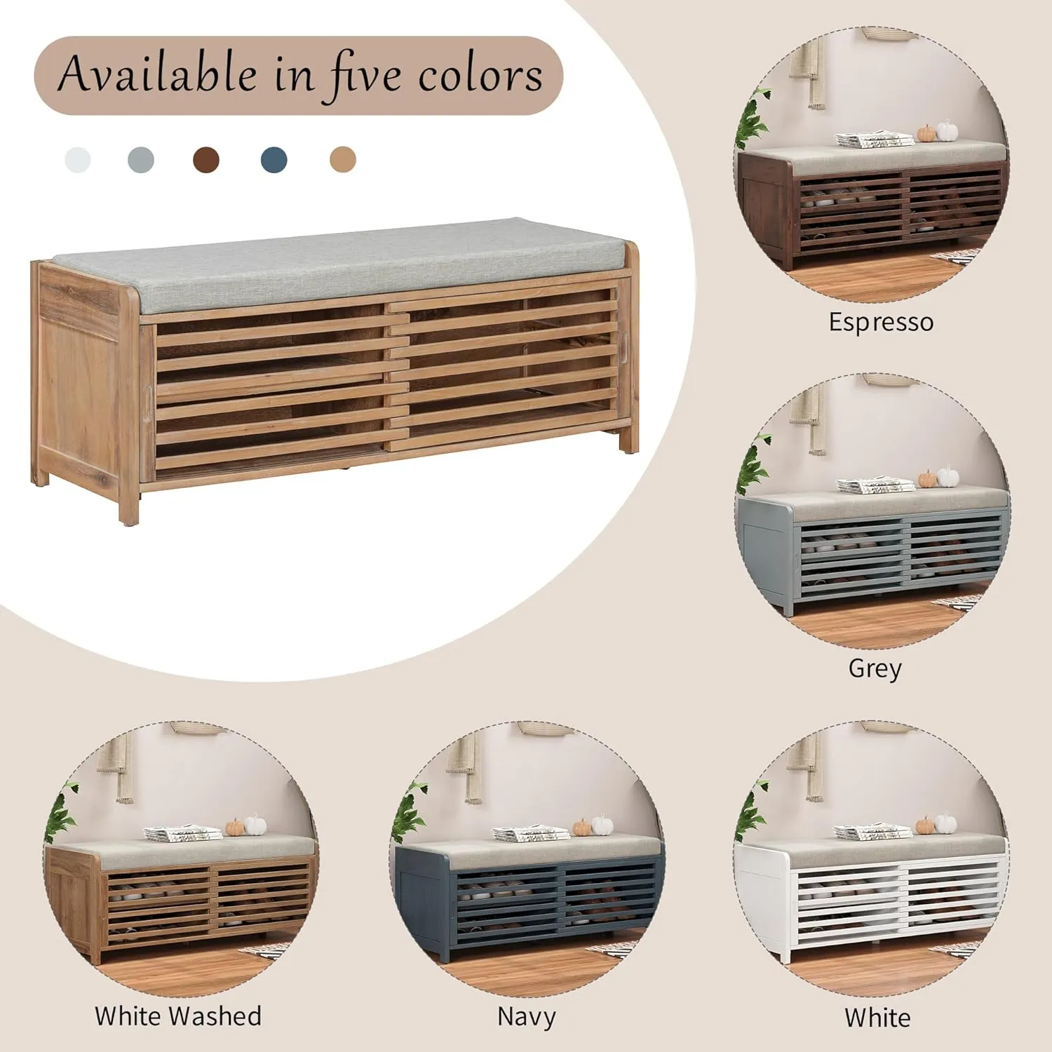 Merax Multipurpose Entryway Storage Bench with Shutter Doors, 43.3" Wooden Shoe Organizer with Upholstered Seat for Entryway, Hallway and Living Room