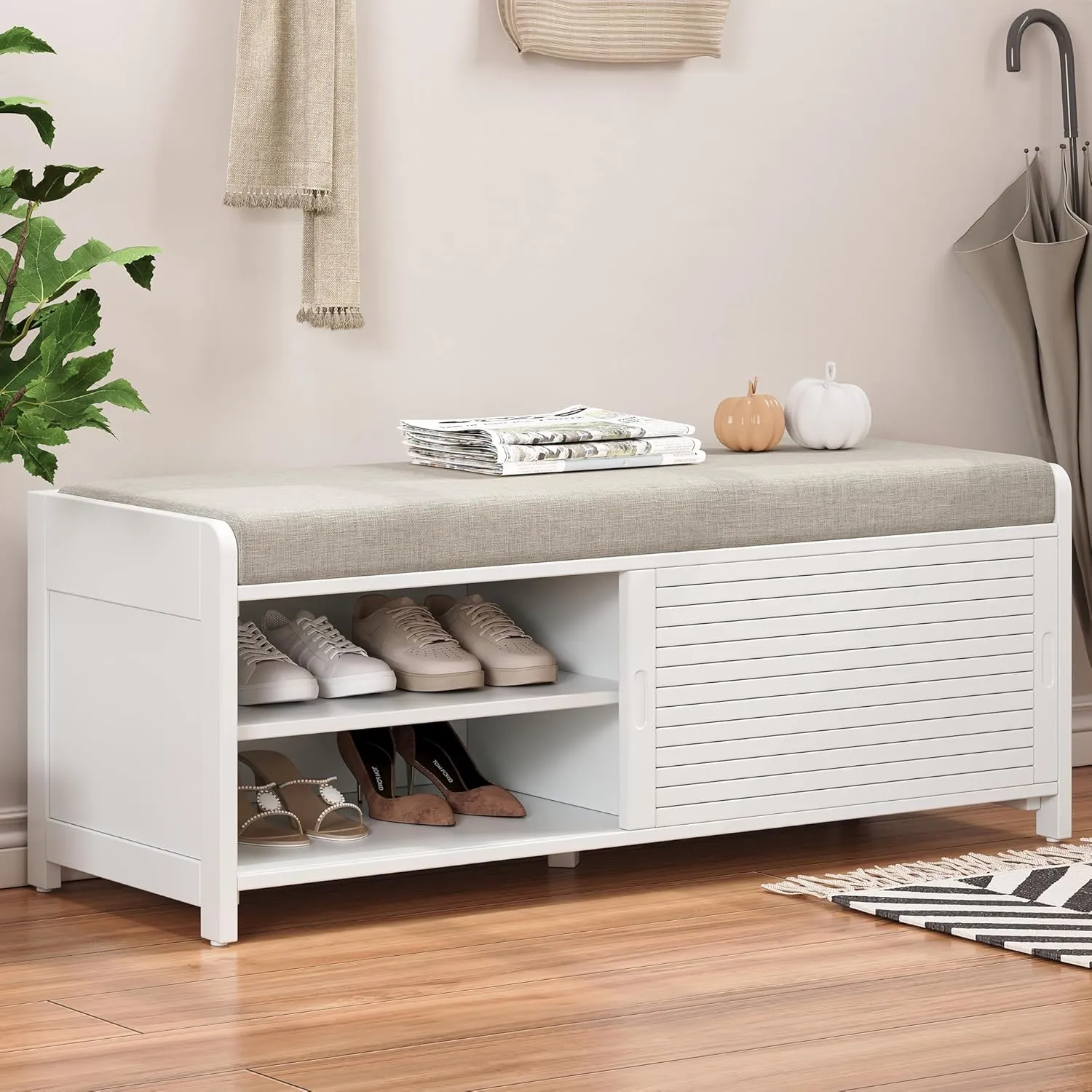 Merax Multipurpose Entryway Storage Bench with Shutter Doors, 43.3" Wooden Shoe Organizer with Upholstered Seat for Entryway, Hallway and Living Room