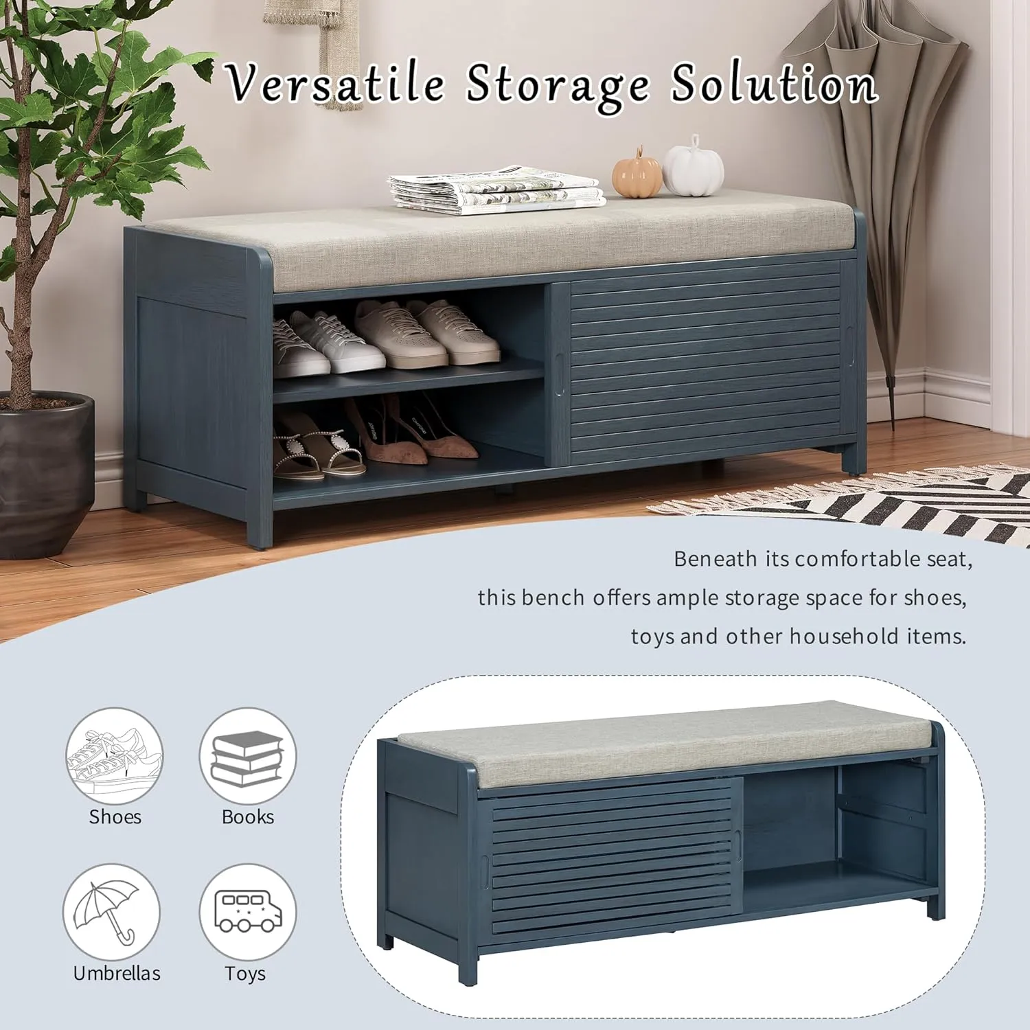 Merax Multipurpose Entryway Storage Bench with Shutter Doors, 43.3" Wooden Shoe Organizer with Upholstered Seat for Entryway, Hallway and Living Room
