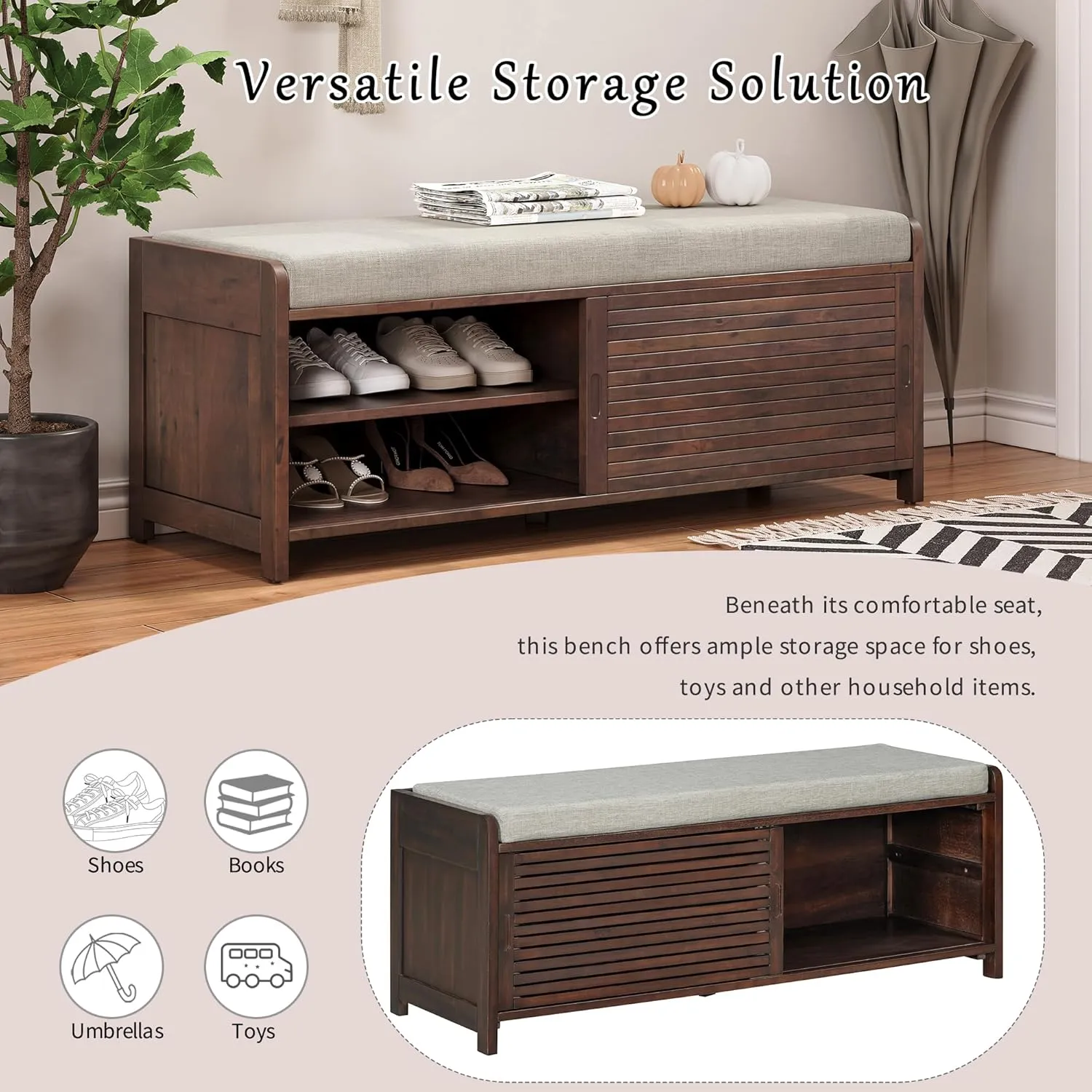 Merax Multipurpose Entryway Storage Bench with Shutter Doors, 43.3" Wooden Shoe Organizer with Upholstered Seat for Entryway, Hallway and Living Room