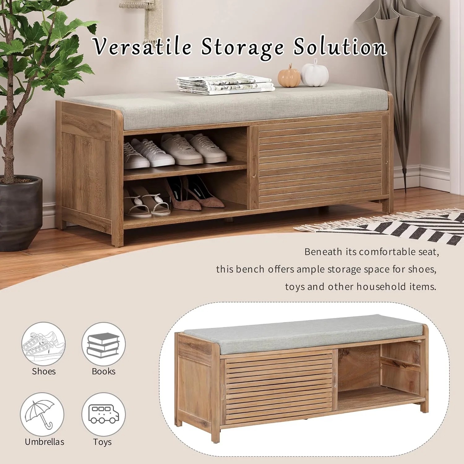 Merax Multipurpose Entryway Storage Bench with Shutter Doors, 43.3" Wooden Shoe Organizer with Upholstered Seat for Entryway, Hallway and Living Room