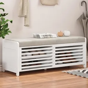 Merax Multipurpose Entryway Storage Bench with Shutter Doors, 43.3" Wooden Shoe Organizer with Upholstered Seat for Entryway, Hallway and Living Room