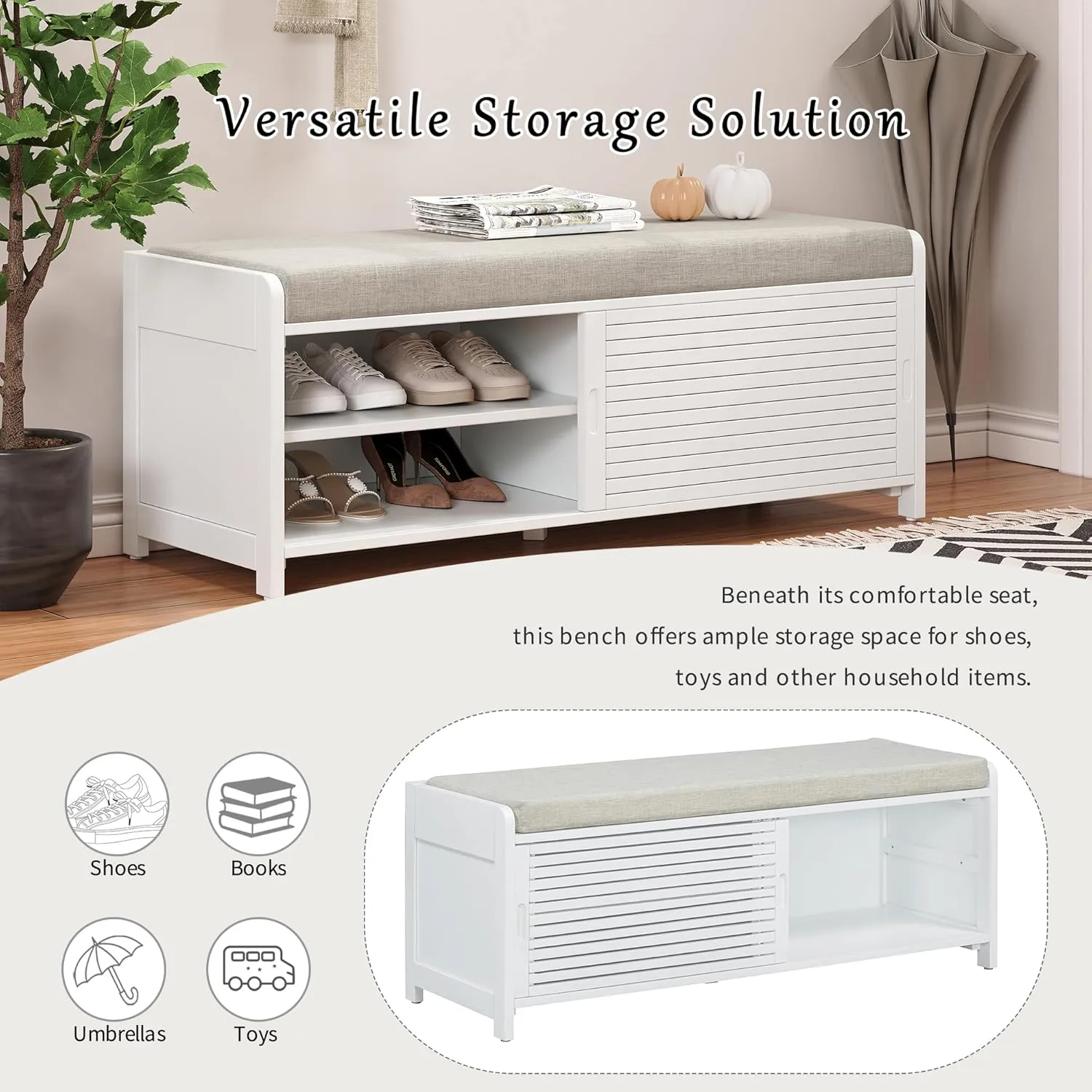 Merax Multipurpose Entryway Storage Bench with Shutter Doors, 43.3" Wooden Shoe Organizer with Upholstered Seat for Entryway, Hallway and Living Room