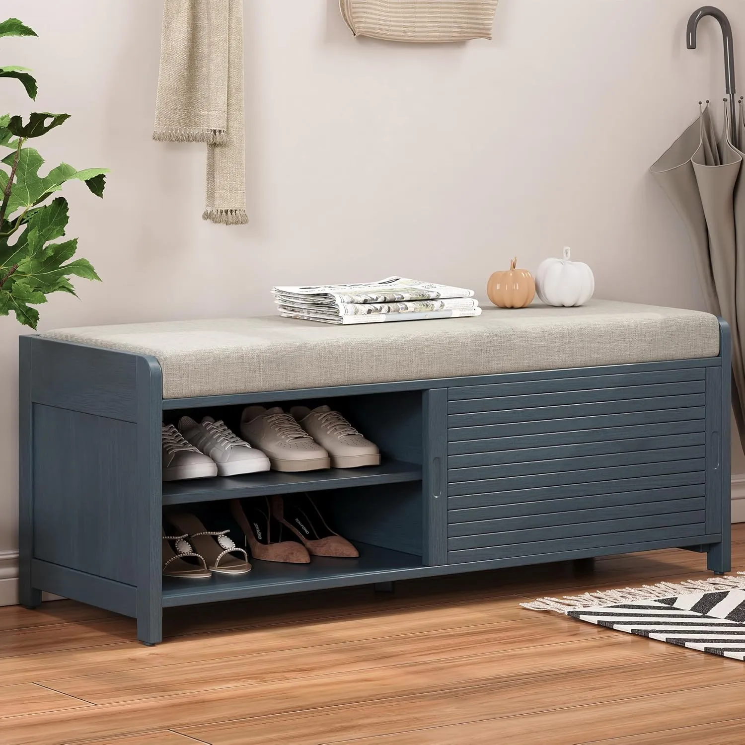 Merax Multipurpose Entryway Storage Bench with Shutter Doors, 43.3" Wooden Shoe Organizer with Upholstered Seat for Entryway, Hallway and Living Room