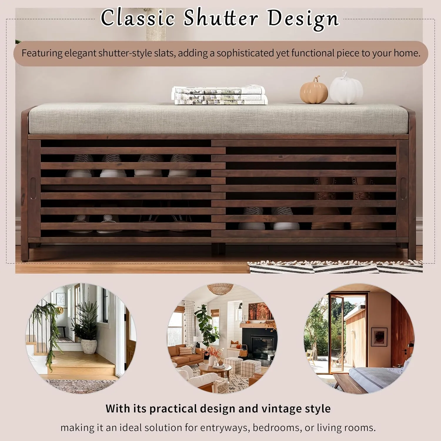 Merax Multipurpose Entryway Storage Bench with Shutter Doors, 43.3" Wooden Shoe Organizer with Upholstered Seat for Entryway, Hallway and Living Room