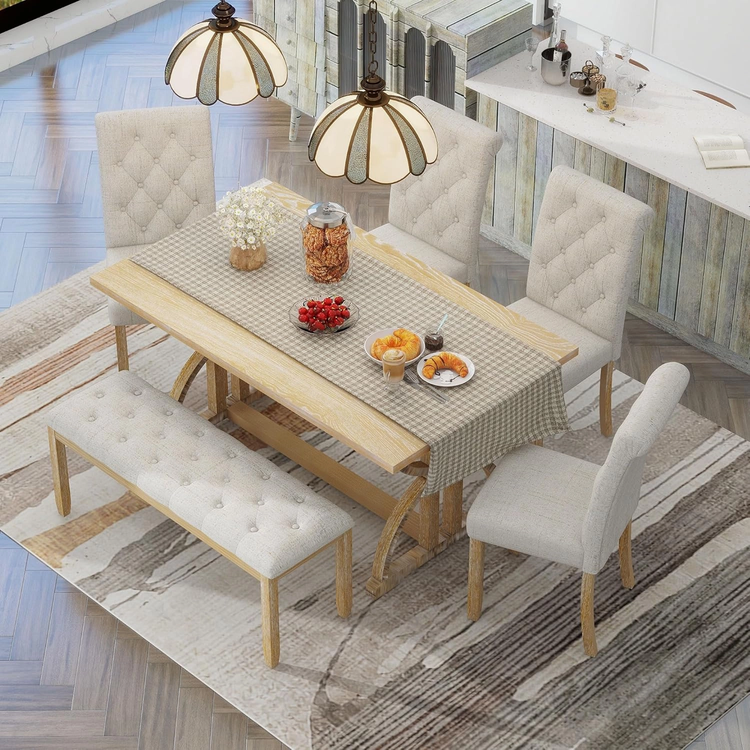 Merax 6 Pieces Wood Dining Table Set with Bench, Retro Rectangular Table with Unique Legs and 4 Upholstered Chairs & 1 Bench for Dining Room and Kitchen (Natural Wood Wash Beige)