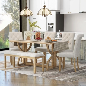Merax 6 Pieces Wood Dining Table Set with Bench, Retro Rectangular Table with Unique Legs and 4 Upholstered Chairs & 1 Bench for Dining Room and Kitchen (Natural Wood Wash Beige)