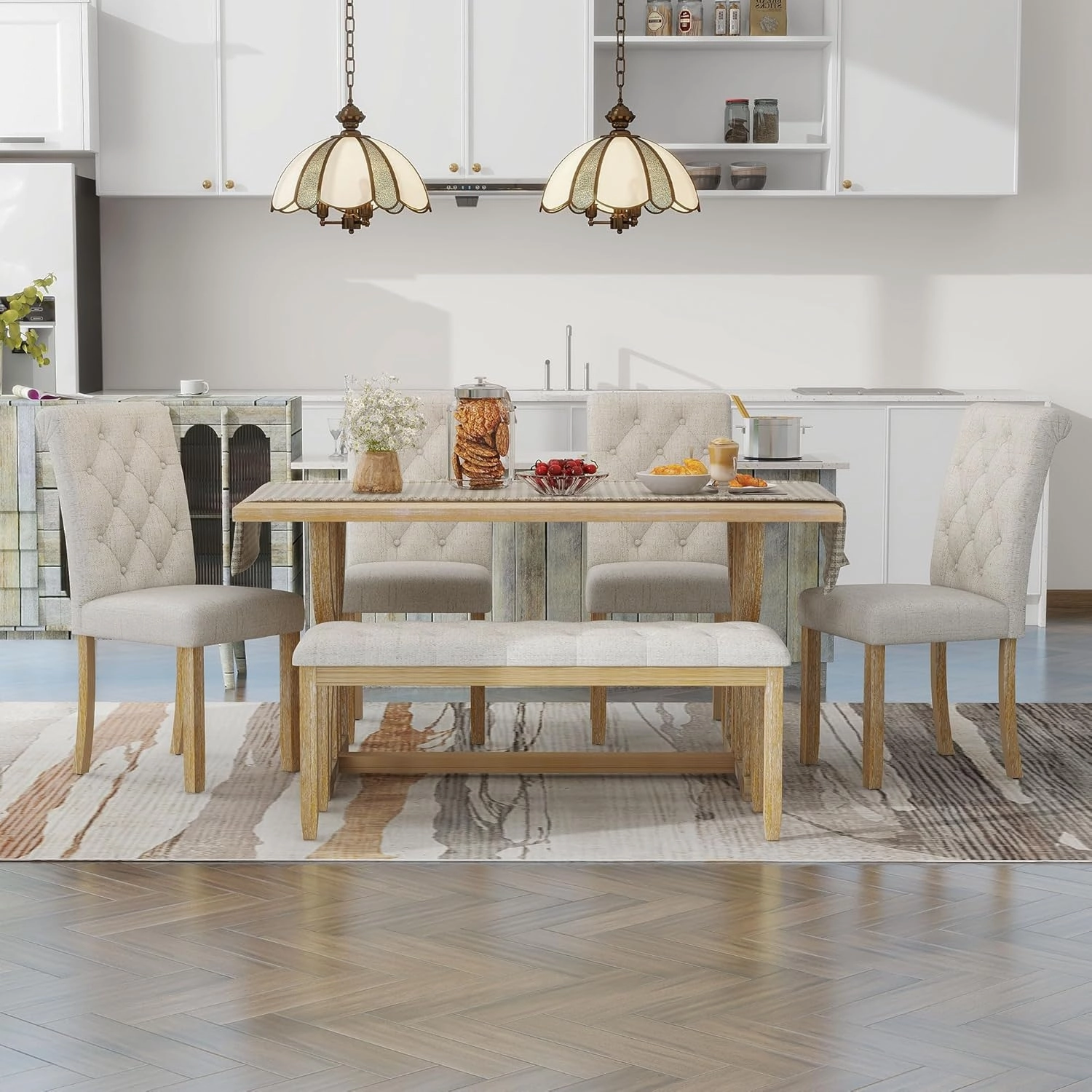 Merax 6 Pieces Wood Dining Table Set with Bench, Retro Rectangular Table with Unique Legs and 4 Upholstered Chairs & 1 Bench for Dining Room and Kitchen (Natural Wood Wash Beige)