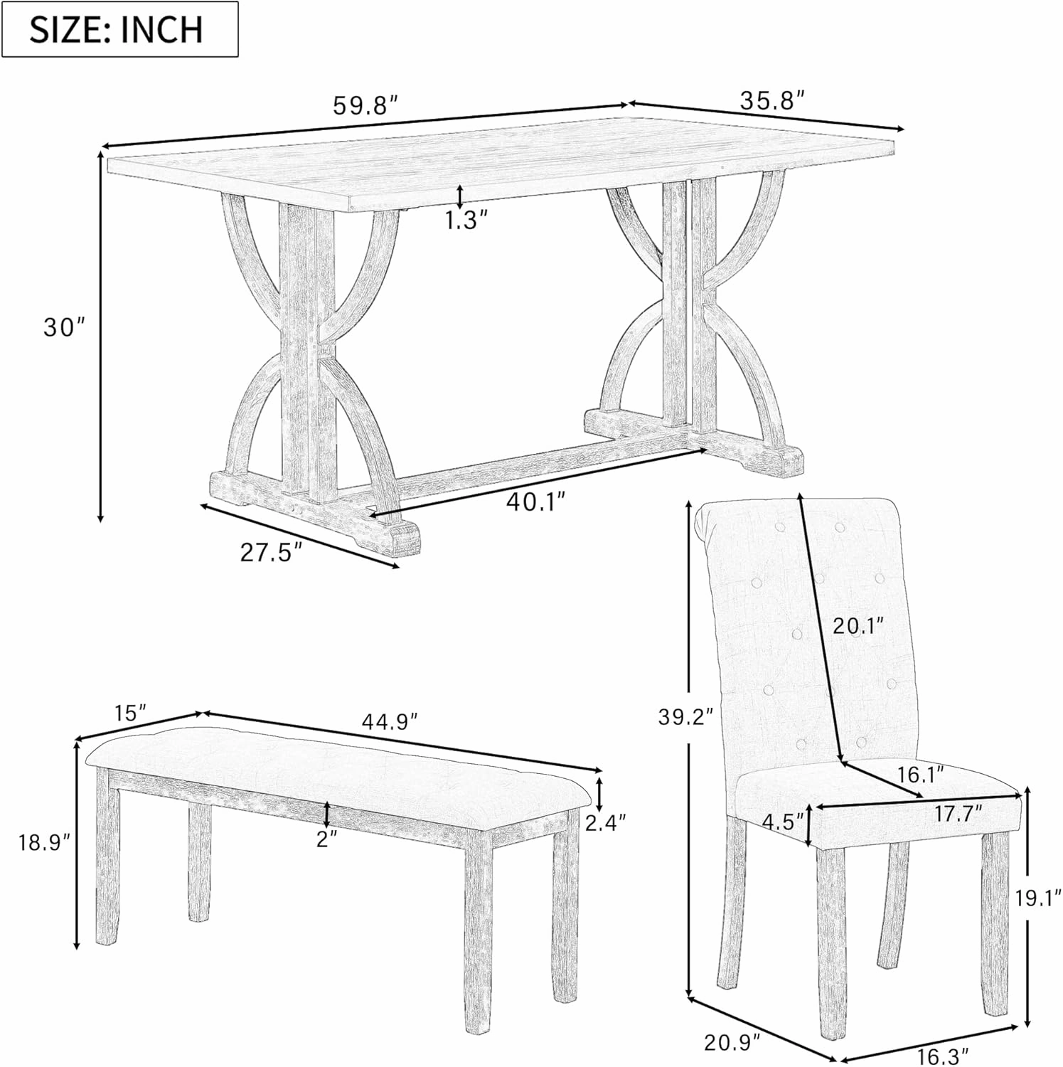 Merax 6 Pieces Wood Dining Table Set with Bench, Retro Rectangular Table with Unique Legs and 4 Upholstered Chairs & 1 Bench for Dining Room and Kitchen (Natural Wood Wash Beige)