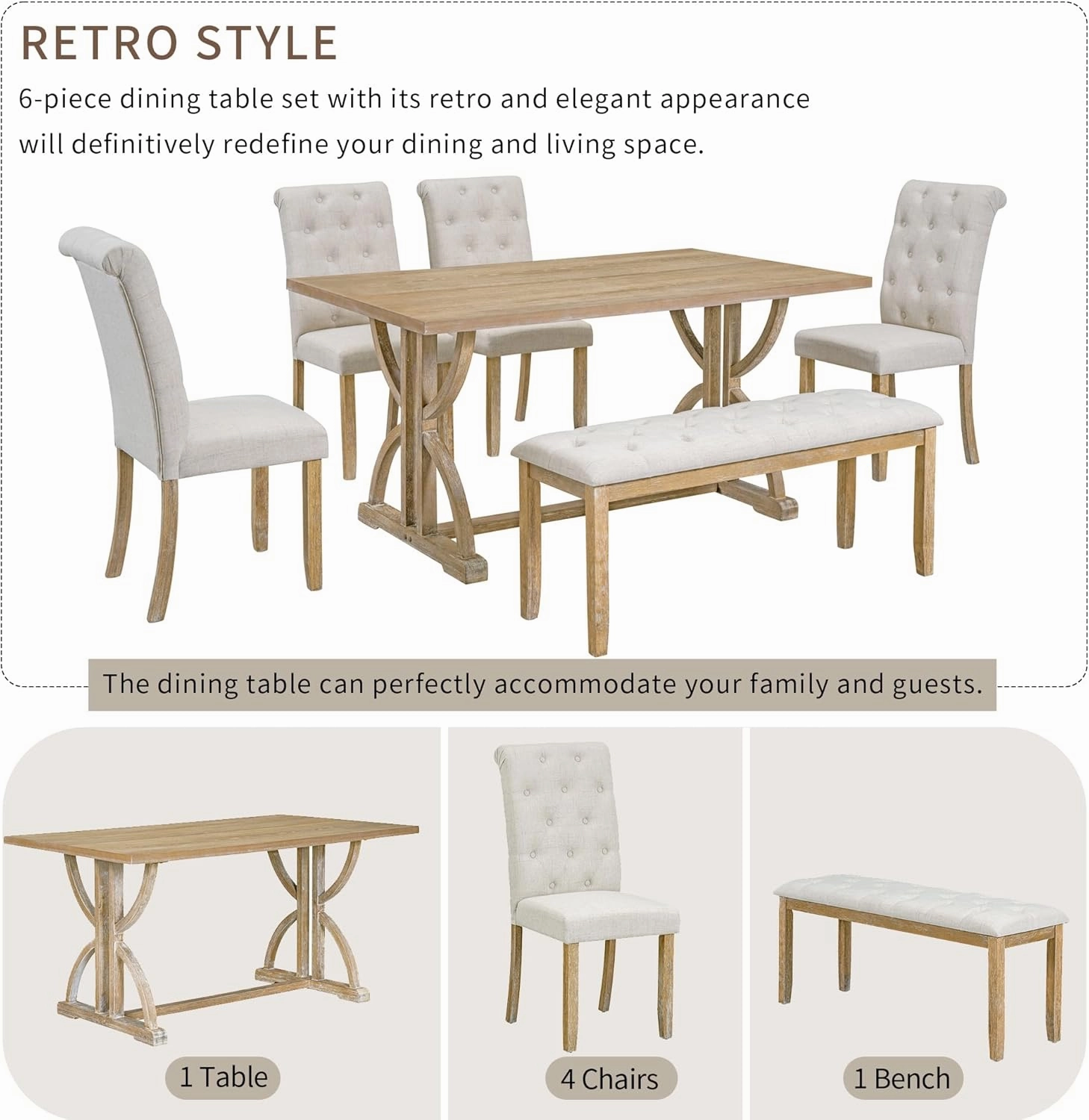 Merax 6 Pieces Wood Dining Table Set with Bench, Retro Rectangular Table with Unique Legs and 4 Upholstered Chairs & 1 Bench for Dining Room and Kitchen (Natural Wood Wash Beige)