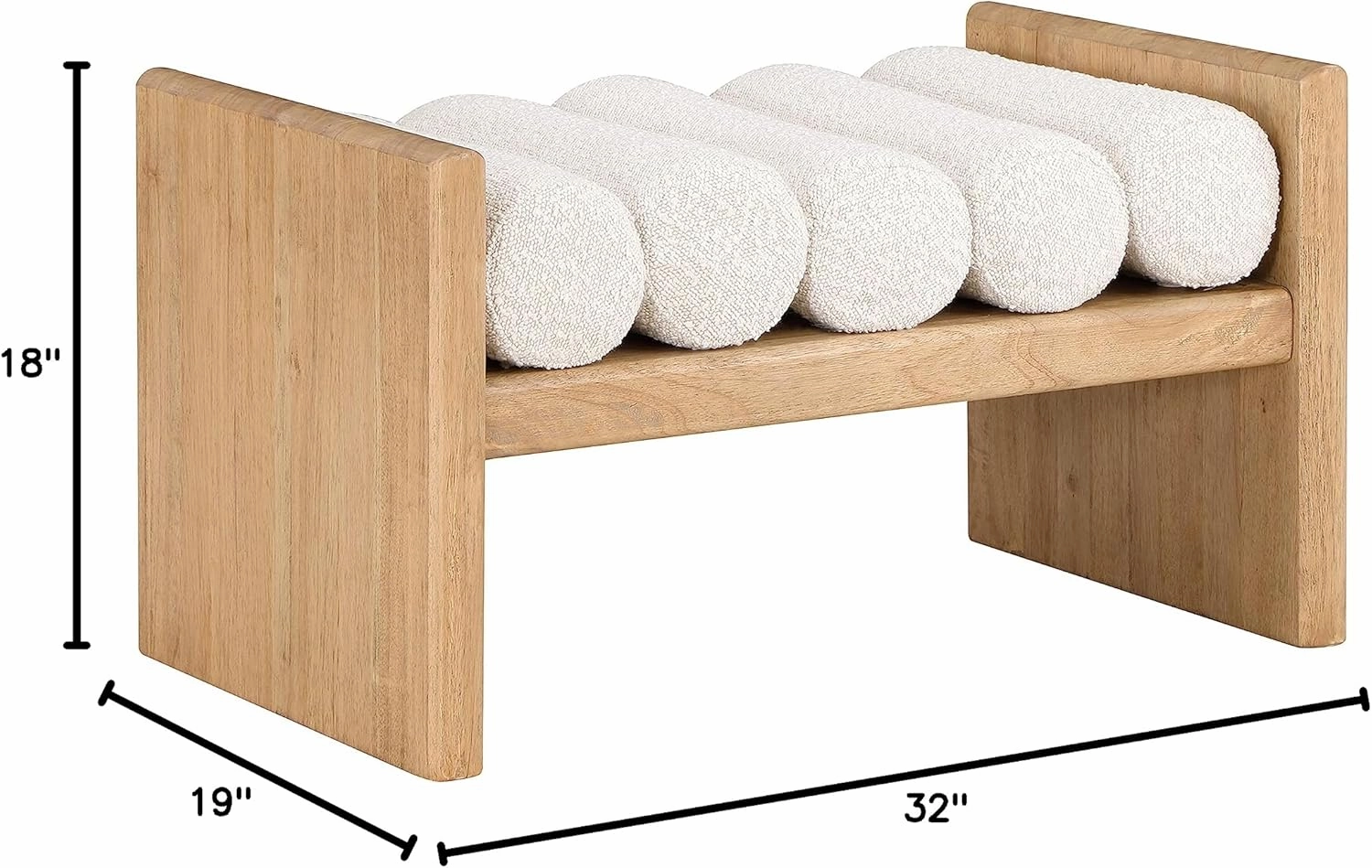 Meridian Furniture 177Cream Waverly Collection Modern | Contemporary Bench with Solid Wood Rich Natural Finish, Luxurious Cream Boucle Fabric, 32" W x 19" D x 18" H, Cream