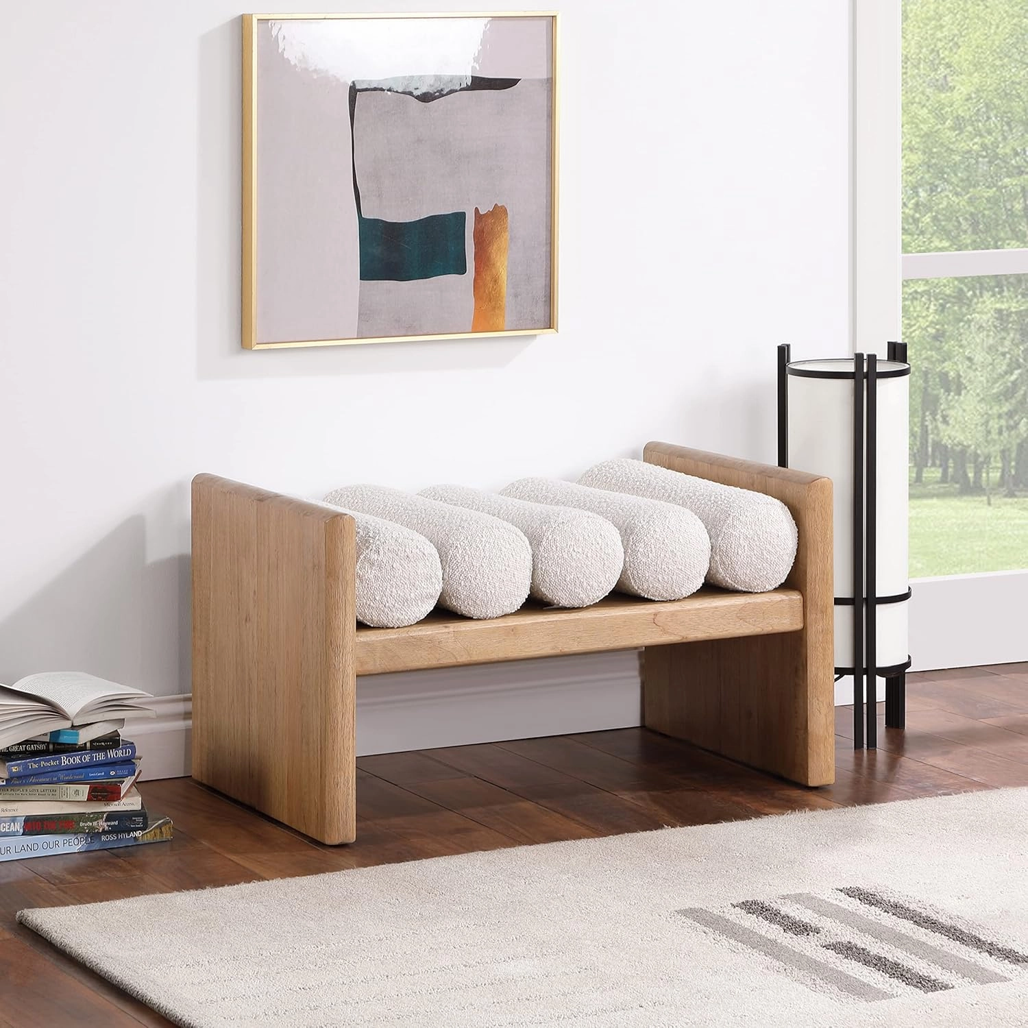 Meridian Furniture 177Cream Waverly Collection Modern | Contemporary Bench with Solid Wood Rich Natural Finish, Luxurious Cream Boucle Fabric, 32" W x 19" D x 18" H, Cream