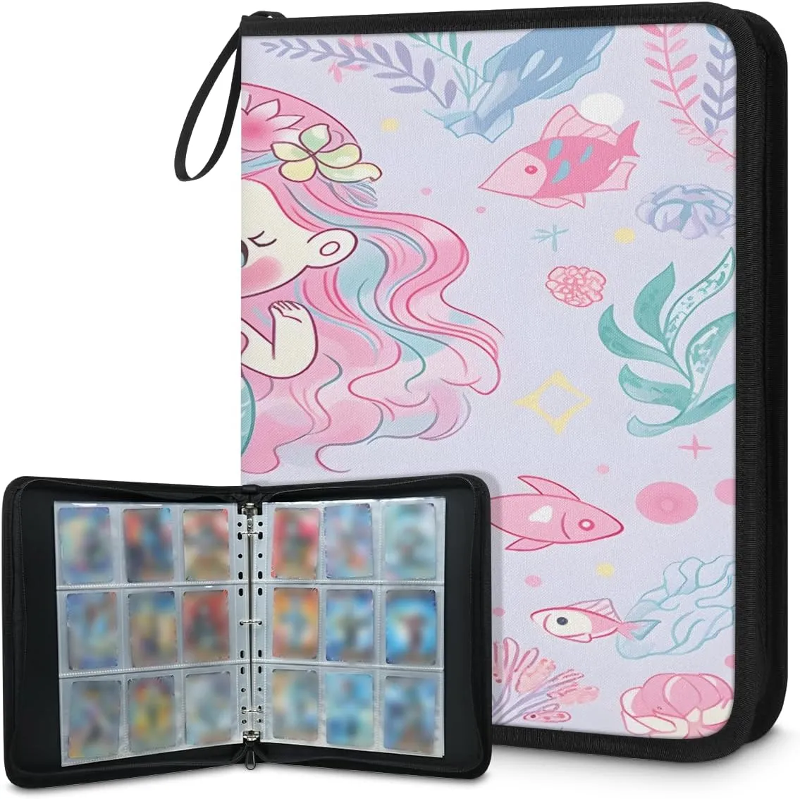 Mermaid Painting 3 Ring Trading Zipper Binder Strap, Trading Card Binder 4 Pocket, 400 Pockets Card Holder with 50 Removable Sleeves for Game Cards