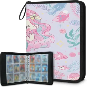 Mermaid Painting 3 Ring Trading Zipper Binder Strap, Trading Card Binder 4 Pocket, 400 Pockets Card Holder with 50 Removable Sleeves for Game Cards