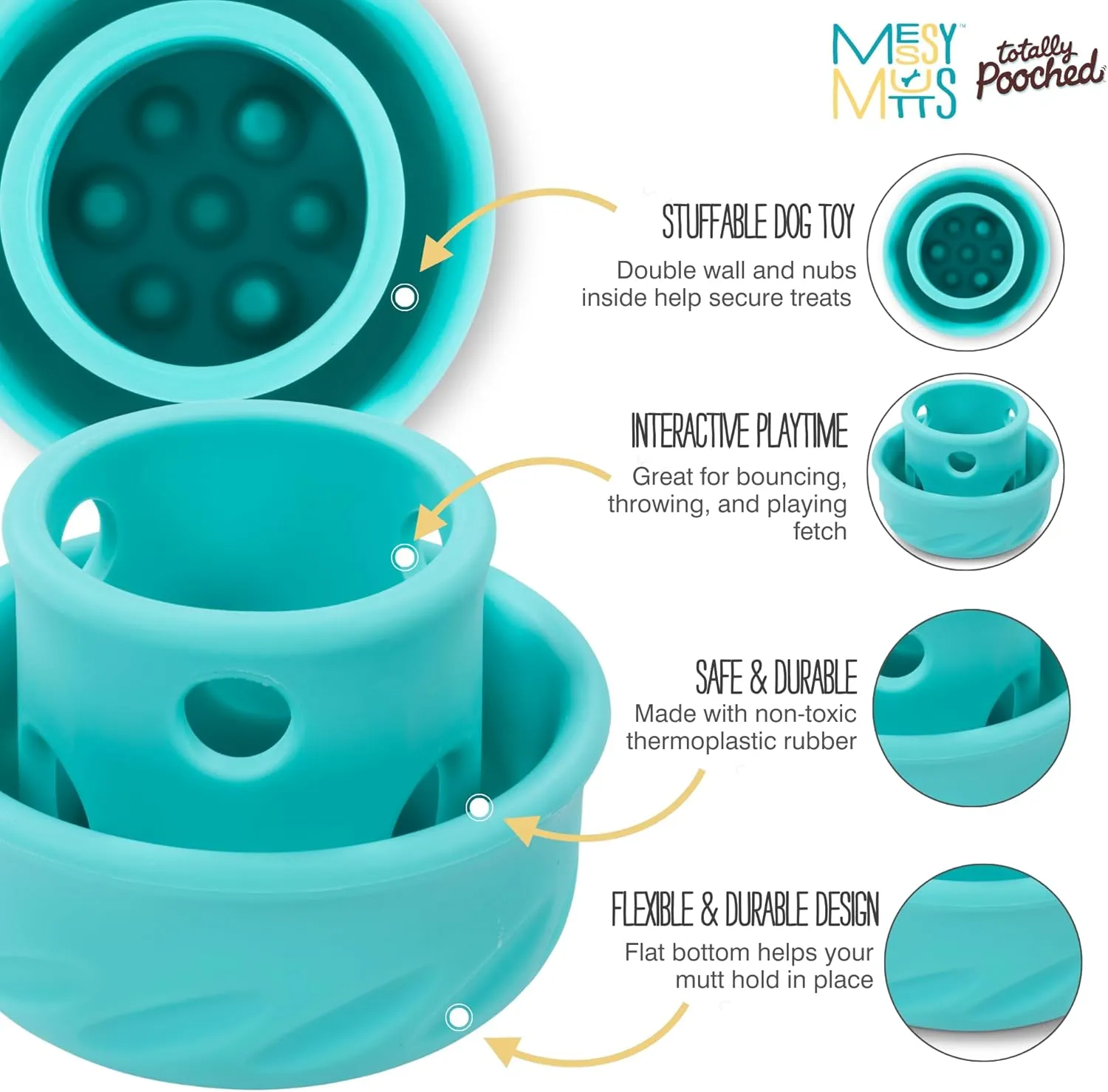 Messy Mutts Totally Pooched Puzzle 'n Play Mushroom | Interactive Treat Puzzle Toy for Dogs | Durable 4” x 3.5” TPR Dog Toy | Teal