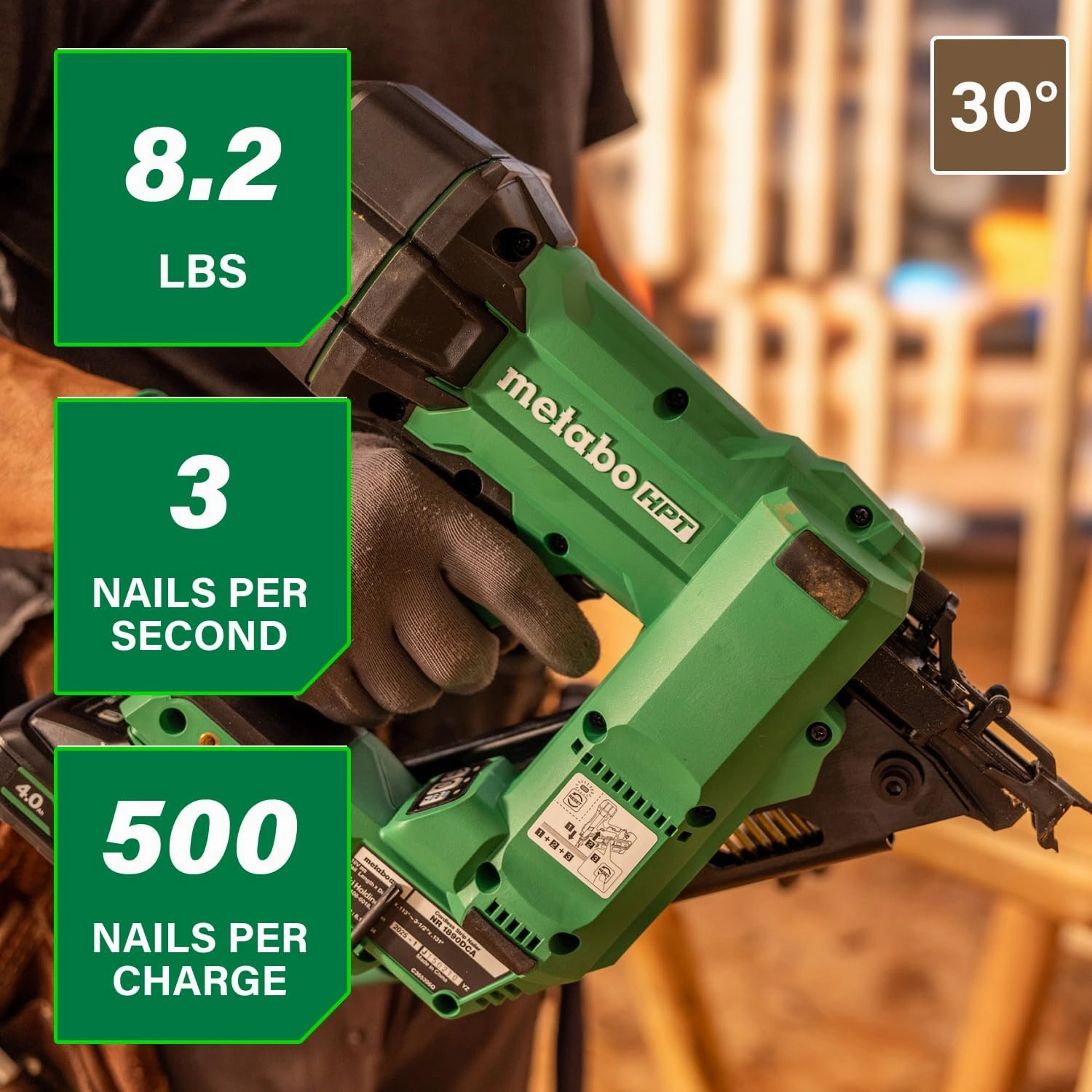 Metabo HPT Cordless Framing Nailer, 18V - 4.0 Ah, MultiVolt™, 30 Degree, 3-1/2-Inch Paper Tape Nails, NR1890DCA