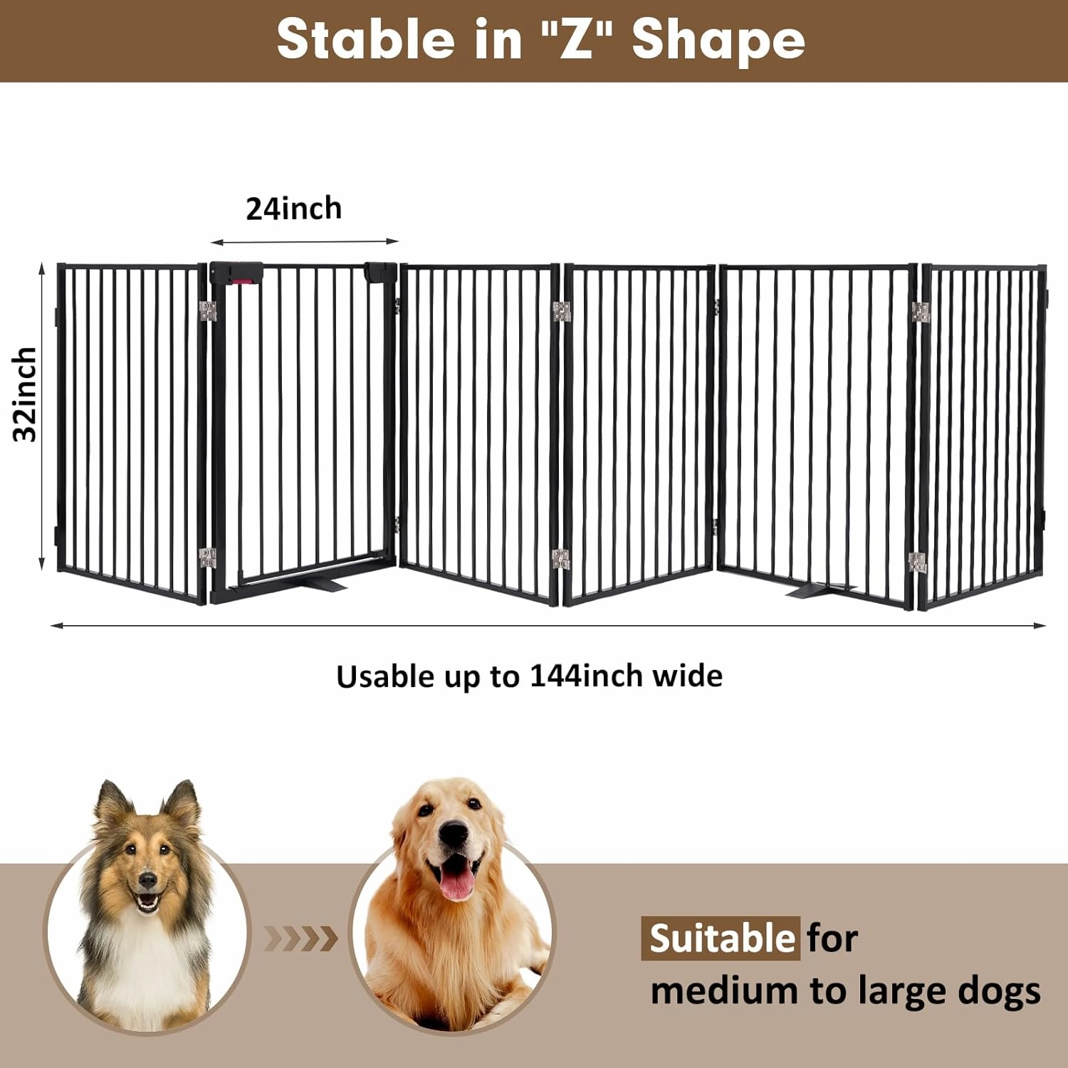Metal Freestanding Dog Gates with Door,Extra Wide 24", 32" Height Foldable Dog Fence for Indoor & Outdoor, Heavy Duty Freestanding Pet Barrier for Stairs, Doorways, Halls, Kitchen,Yard,Christmas Tree