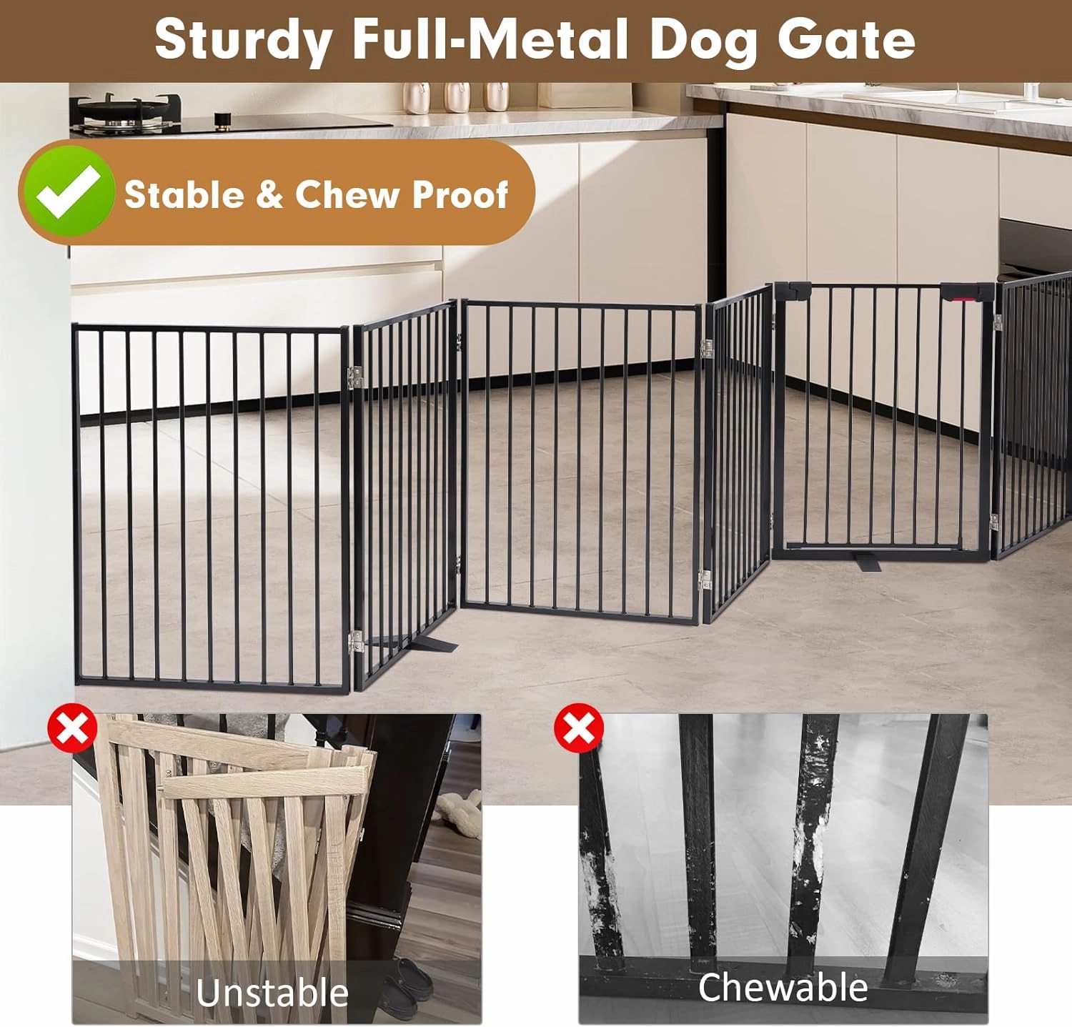 Metal Freestanding Dog Gates with Door,Extra Wide 24", 32" Height Foldable Dog Fence for Indoor & Outdoor, Heavy Duty Freestanding Pet Barrier for Stairs, Doorways, Halls, Kitchen,Yard,Christmas Tree