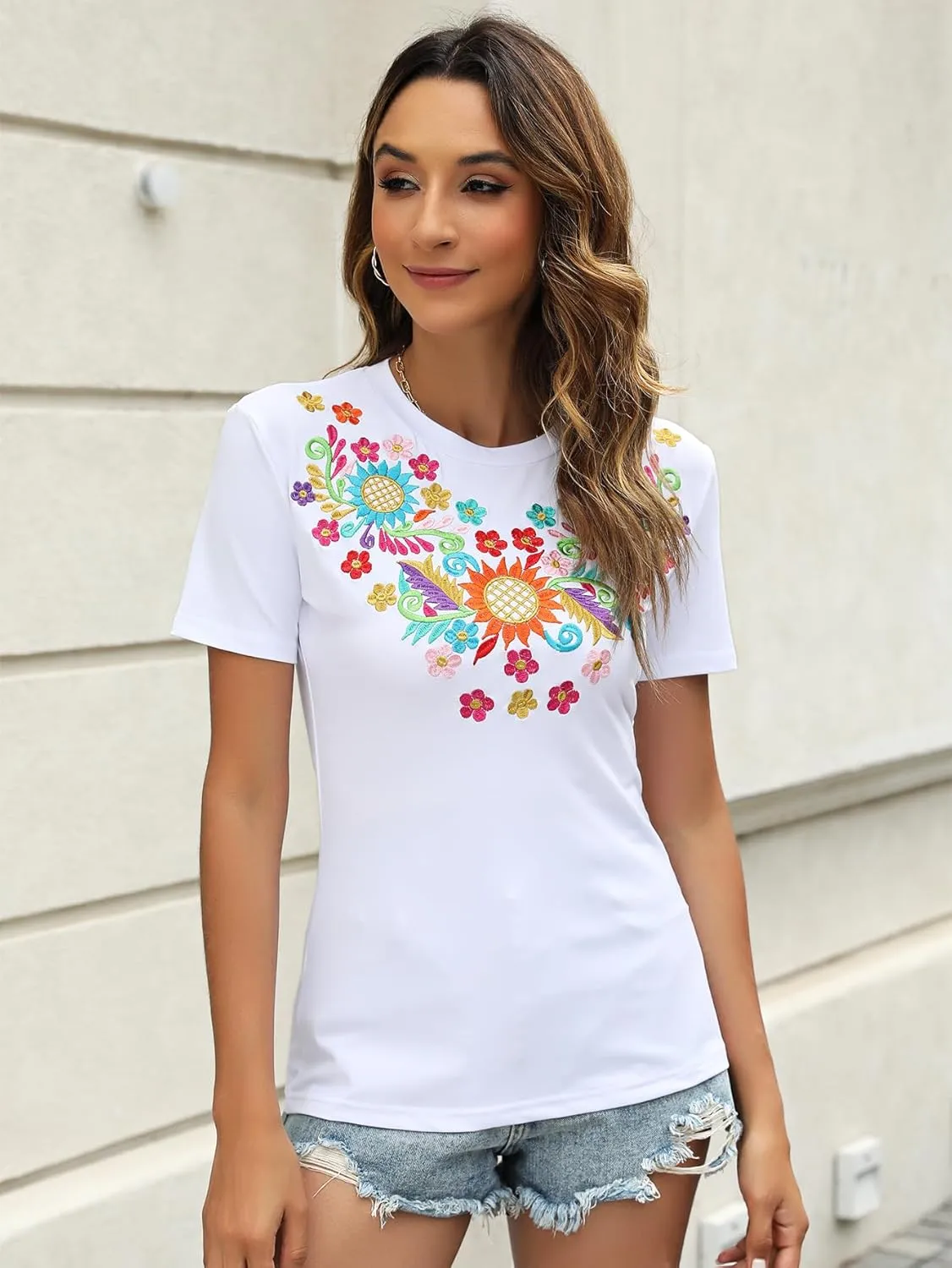 Mexican Shirts for Women Embroidered Tops Traditional Summer Blouse Women's Floral Tunic Round Neck Short Sleeve